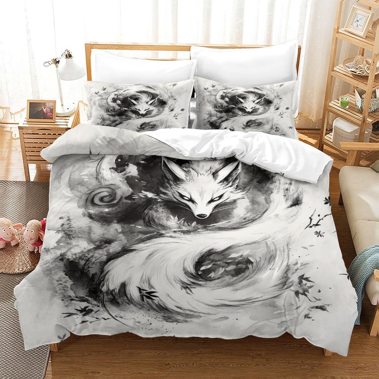 Fox Three-dimensional Printing Bedding Bedding Ensemble Fox Duvet Cover Ultra-fine Fiber Pillow Slip Included Soft And Easy to Maintain Single（140x200cm）