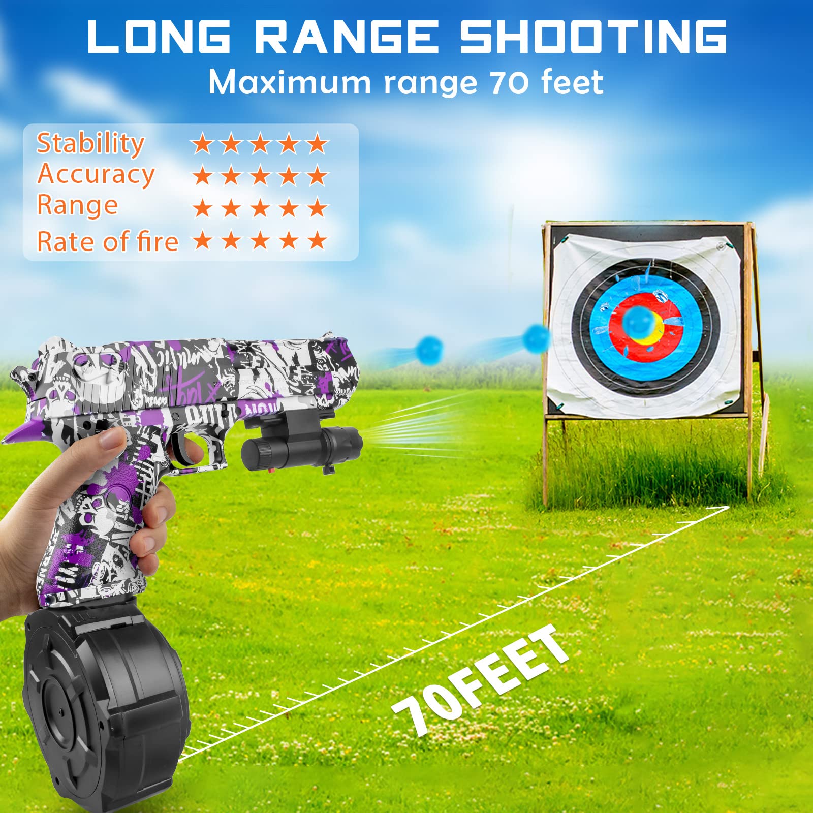 Gel Splatter Cool Ball Blaster Pistol Desert-E with Drum and Sight, Manual and Automatic Burst Dual Mode with Linked Effects, with 40000 Gel Balls and Goggles for Shooting Team Game, Ages 12+, Pruple
