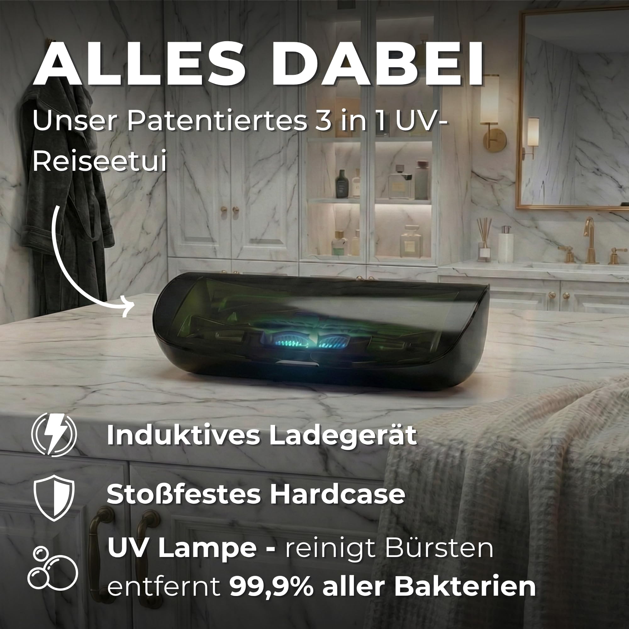 Elektrische Schallzahnbürste 55.000 VPM, 5 Modi, risikofrei 100 Tage testen | Tristan Auron Business Class in blau, Beste Reisezahnbürste, IPX7 Wasserdicht, 60 Tage Akku, UV-Reiseetui, 2 Ersatzbürsten