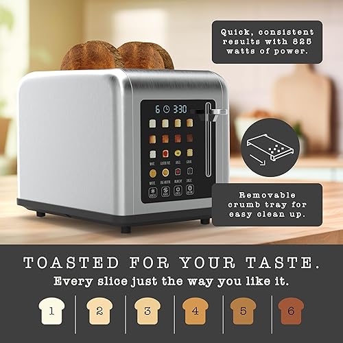 Miniatura 5 de Rae Dunn Tostadora, tostadora cuadrada de 2 rebanadas de acero inoxidable, ranura ancha con 6 niveles de tostado, con opciones de bagel,