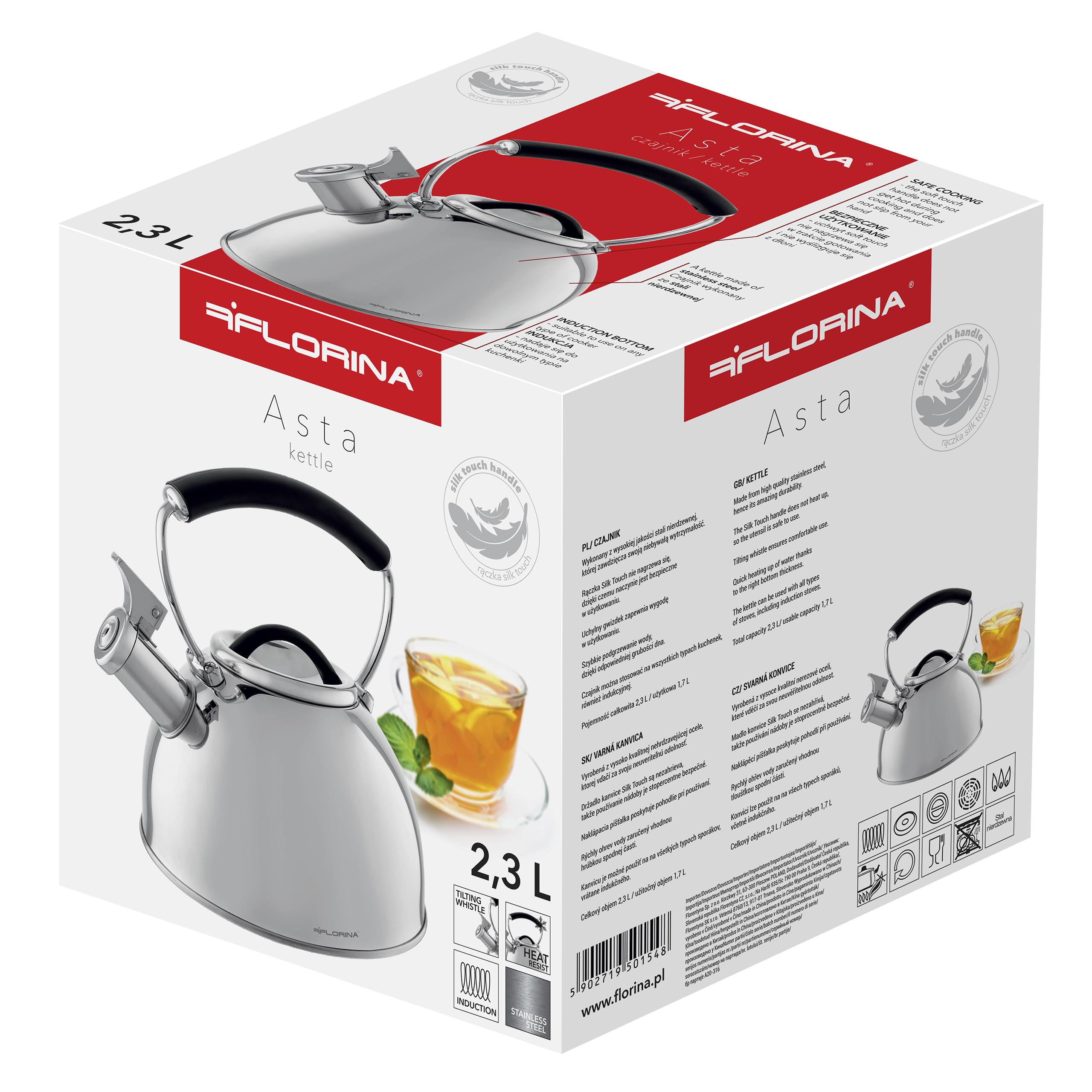 Florina Induction Kettle, Whistling Kettle, wszystko do różnych rodzajów kuchenek, 2,3 l, kuchenka ze stali nierdzewnej z uchwytem chłodzącym dotykowym, do herbaty i kawy, kuchenek szklanych lub