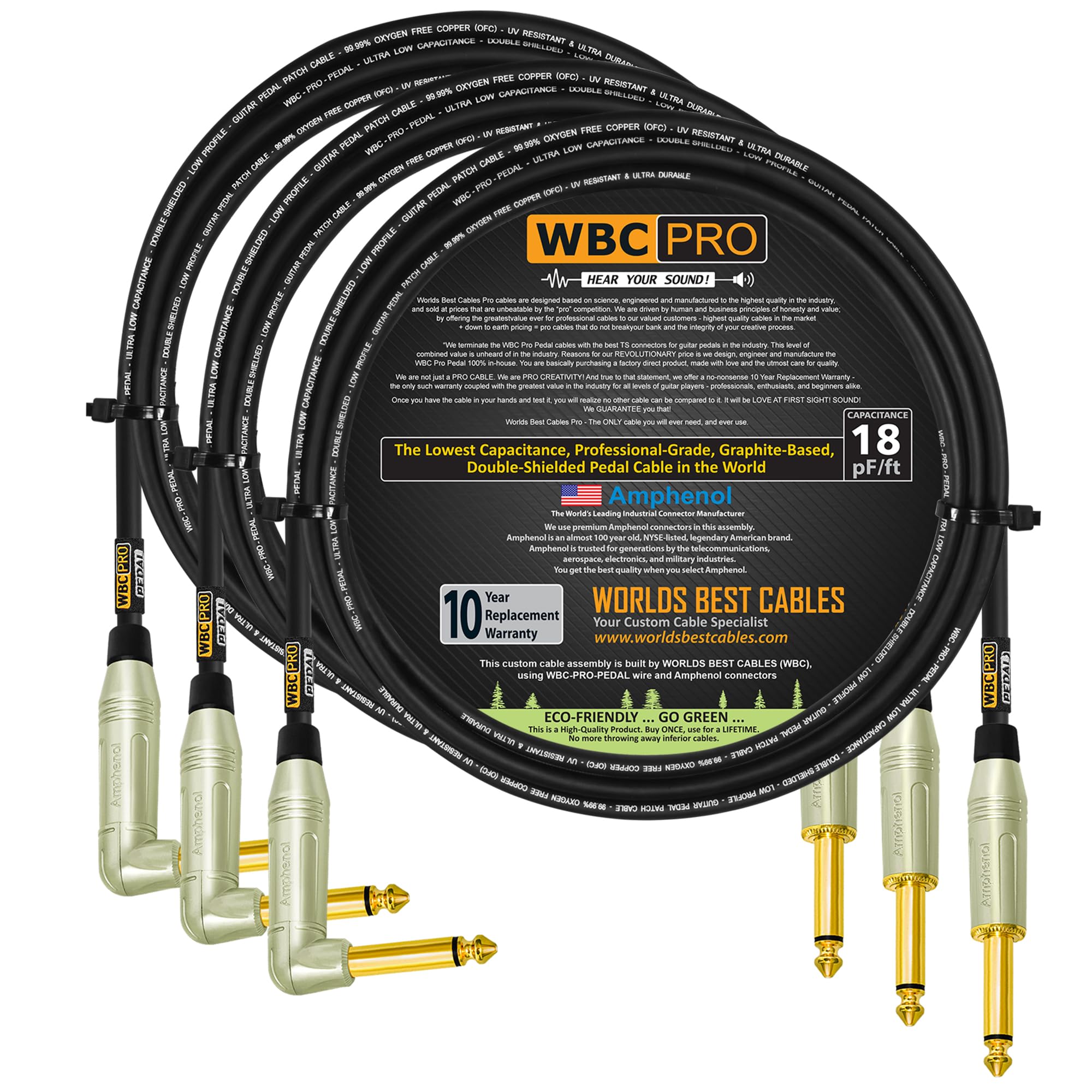 3 unidades – 8 pies – Pedal WBC-PRO-– 22 AWG – Tapa baja (18pF/pies) – Grado profesional – Basado en grafito – Pedal de doble blindaje, efectos, parche, cable de instrumento y conectores TS dorados en