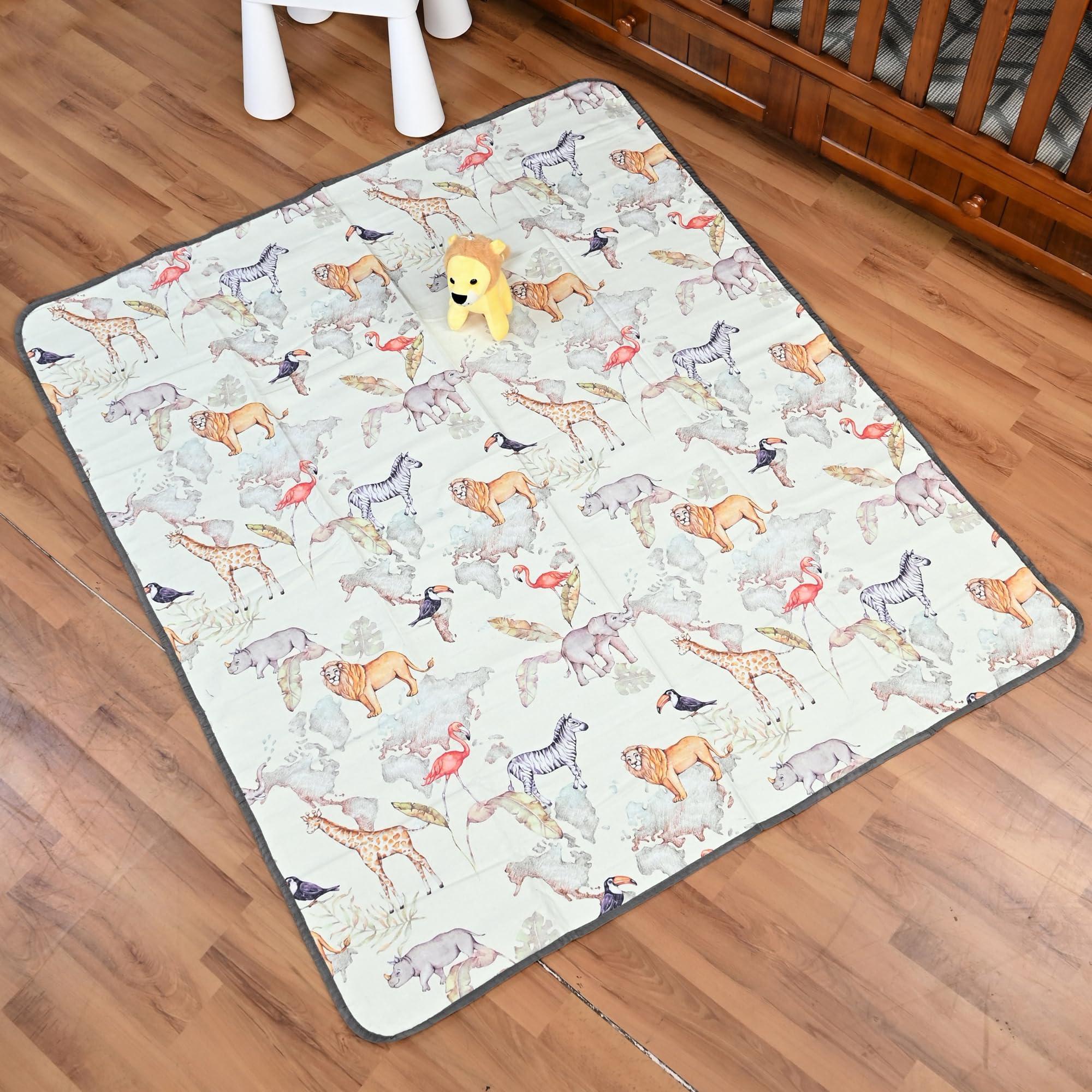 Divine Casa Anti-Skid Kids Play Mat for Babies & Toddlers | Jungle Animals Beige | 47 x 55 Inches | Foldable & Washable | Polycotton Activity Mat