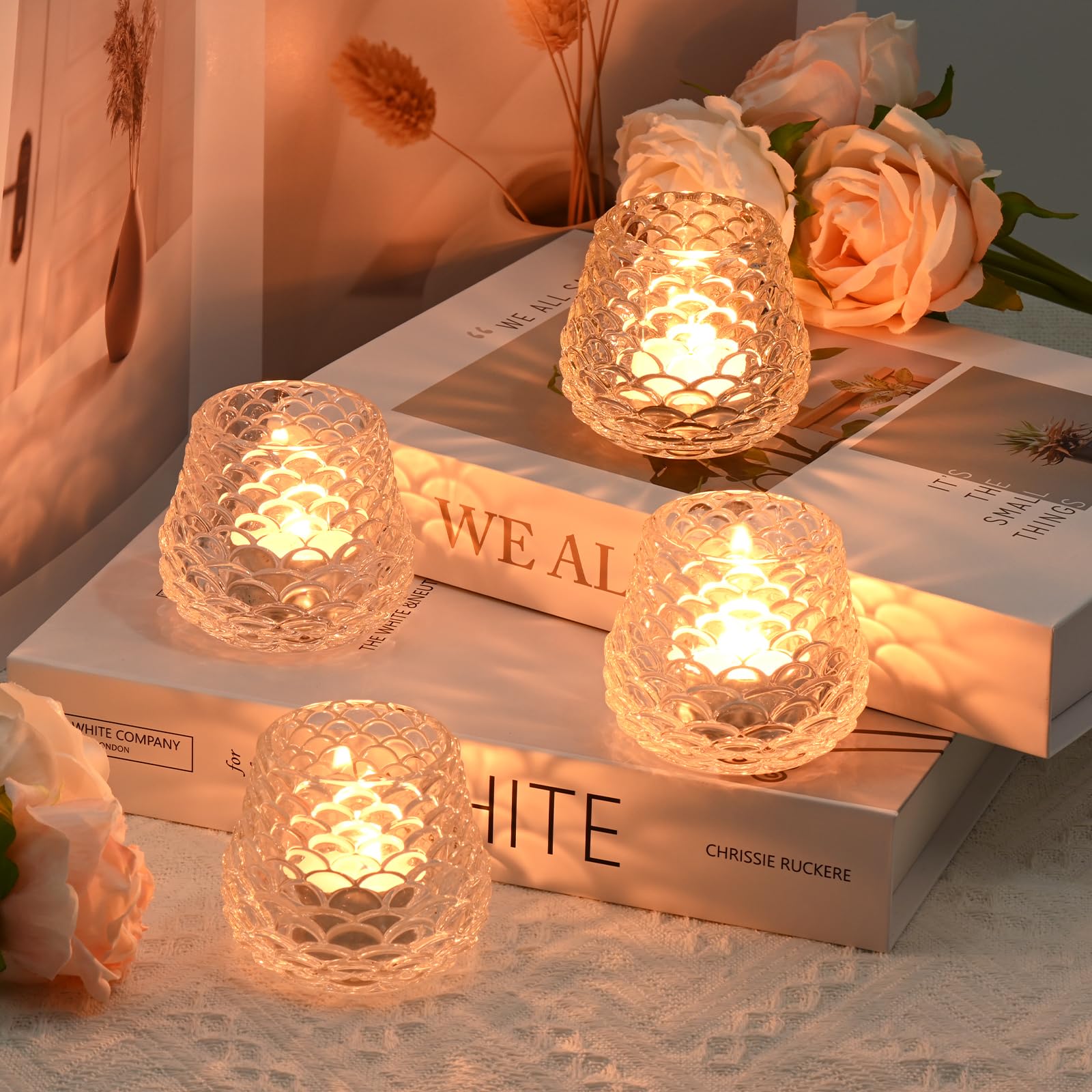 Set di 4 Portacandele in Vetro per Candeline, Portalumini Trasparente per Centrotavola, Porta Tealight in Vetro per Natale, Matrimonio, Festa di Compleanno, Decorazione per la Casa (Pigna)