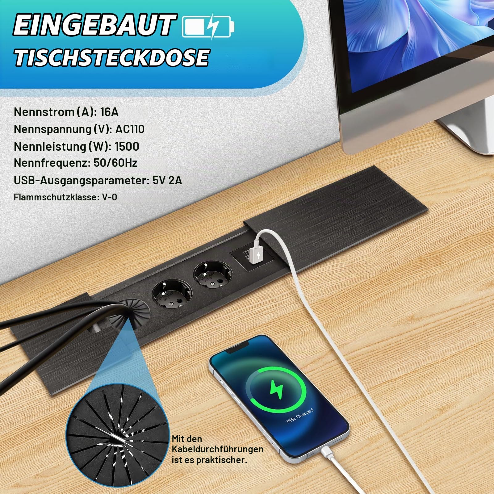 Einbau Steckdosenleiste Versenkbare Einbausteckdose 2 Fach mit USB C | Schiebedeckel, Tischsteckdose Tischplatte Versenkte Steckdose, für Schreibtisch Küche Büro Sofatisch Konferenztisch, Schwarz