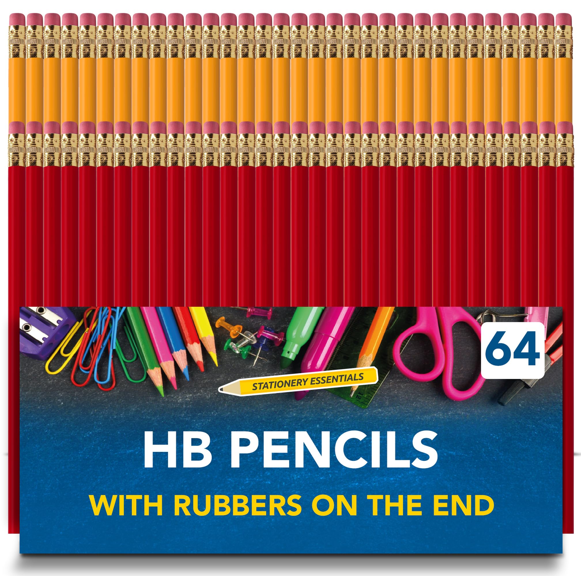 SOL 64pk HB Pencils with Rubbers on the End, Durable Lead for Smooth Writing & Drawing, Eraser-Tipped Design, Perfect for School, Office, Art Projects, Sketching, Everyday Use, Great for Kids & Adults