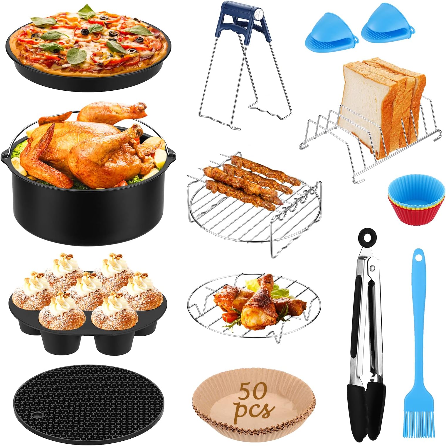 Firelex 8 Inch Air Fryer Accessories,13 Pcs Accessories Set Airfryer Basket Liners Air Fryer Tray Parchment Paper Metal Holder for Pizza/Pan/Barbecue Compatible with Philips/Pigeon/Inalsa 4.5-5.2Ld