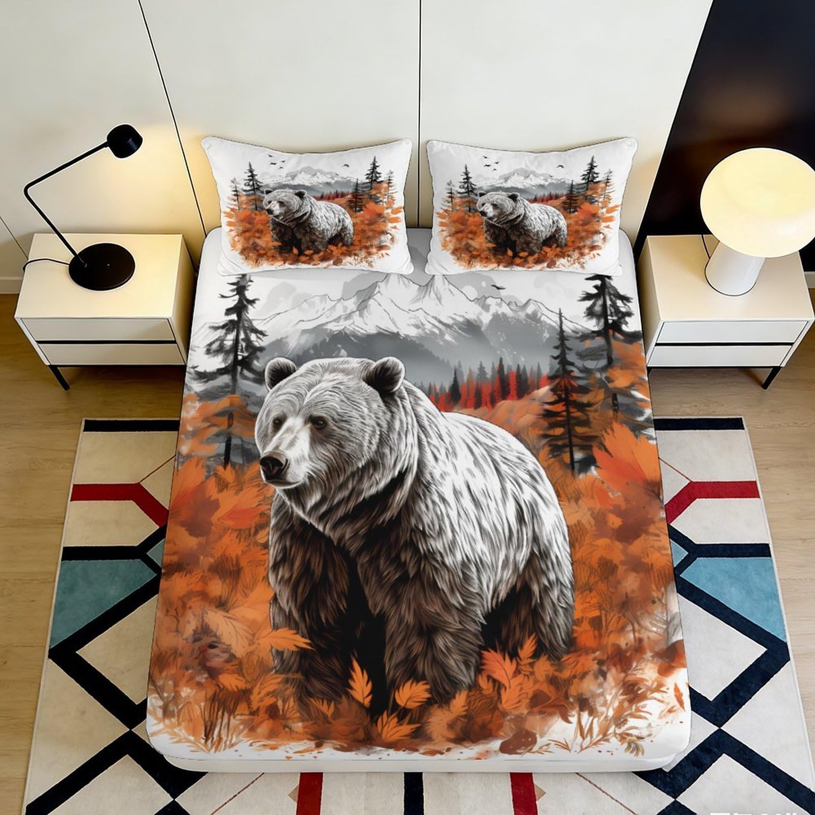 3D Printed Autumn Bear Fitted Sheet Microfiber Durable Soft Brown Forest Bed Cover for Bedroom Dormitory Guest Room Mattress Protection 200x200x25cm