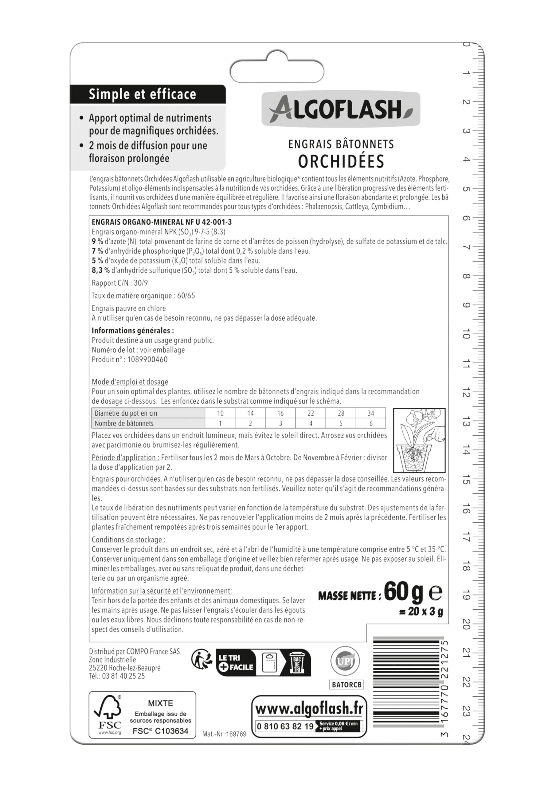 Algoflash - Palitos de fertilizante para orquídeas, apto para agricultura ecológica, 20 palos