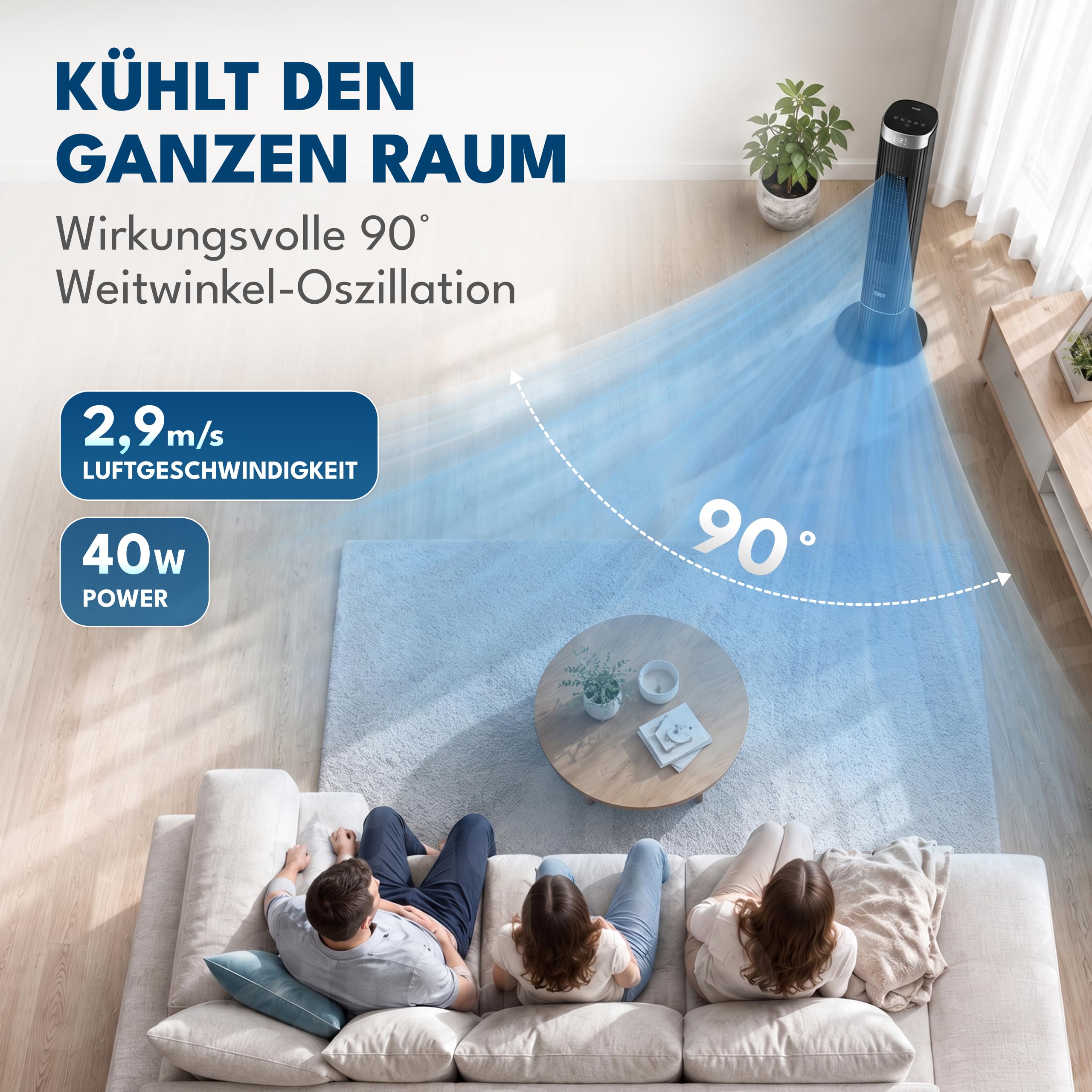 LEBENLANG Turmventilator Sehr Leise 19,8 dB(A) - 4 Modi & 90° Oszillation | Ventilator Leise Schlafzimmer Ventilator mit Kühlung Standventilator Ventilatoren Air Cooler Tower Fan I 12 Geschwindigkeiten