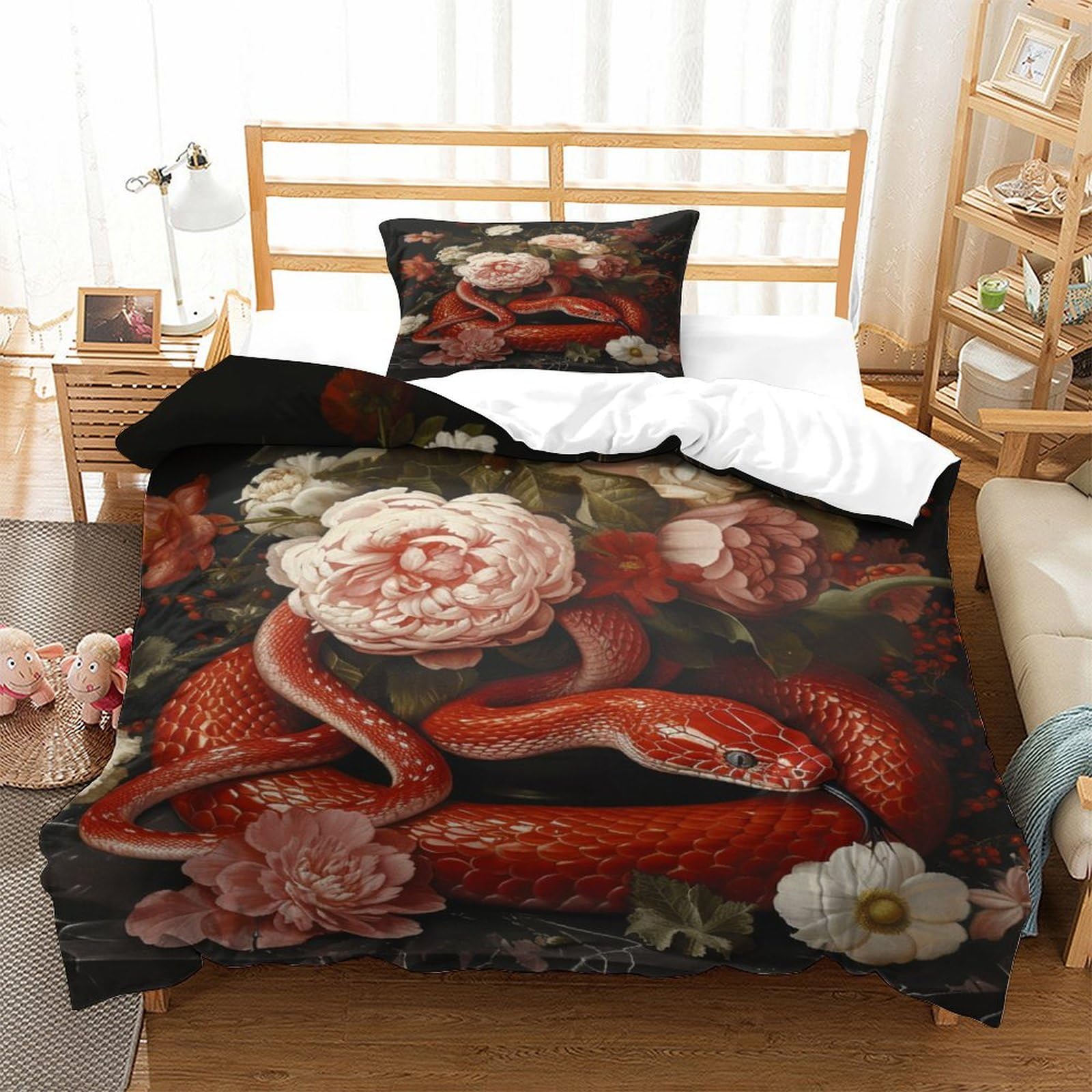P1S9U7W5Y 3D Printed Snake Floral Duvet Cover Set 3pcs Microfiber Snake Flower Bedding Set Single（135x200cm）