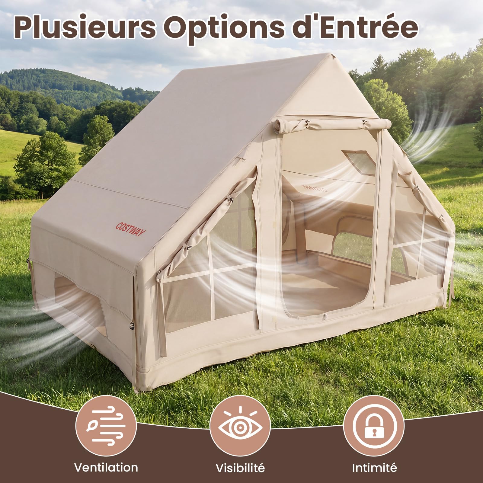 COSTWAY Tente de Camping Gonflable, Grande Tente Portable 4 Personnes avec Pompe à Air Ouverture de Cheminée Port Climatiseur, pour Voyage Camping, 295 x 205 x 200 cm, Kaki