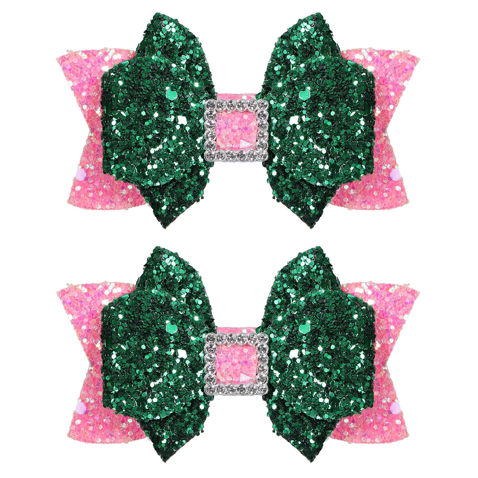 Glitter Hair Bow Clips 3.5 Inch Sweet Hairpins Girls Teens Sparkly Hair Accessories for School Birthday Holiday Party Decor, Green&Pink