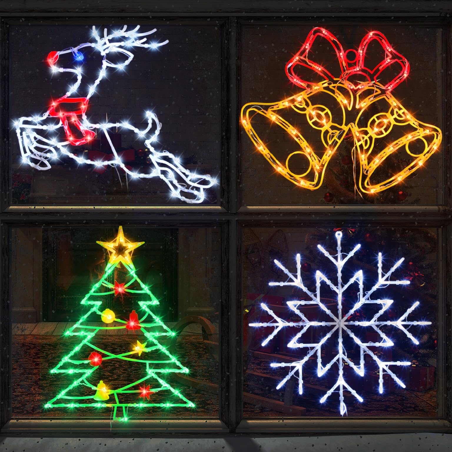 TRWYMZ Decoraciones de Navidad – Luces de silueta de ventana de Navidad de 16 pulgadas – Paquete de 4 campanas iluminadas de color, copo de nieve, renos y árbol de Navidad para decoración de ventanas