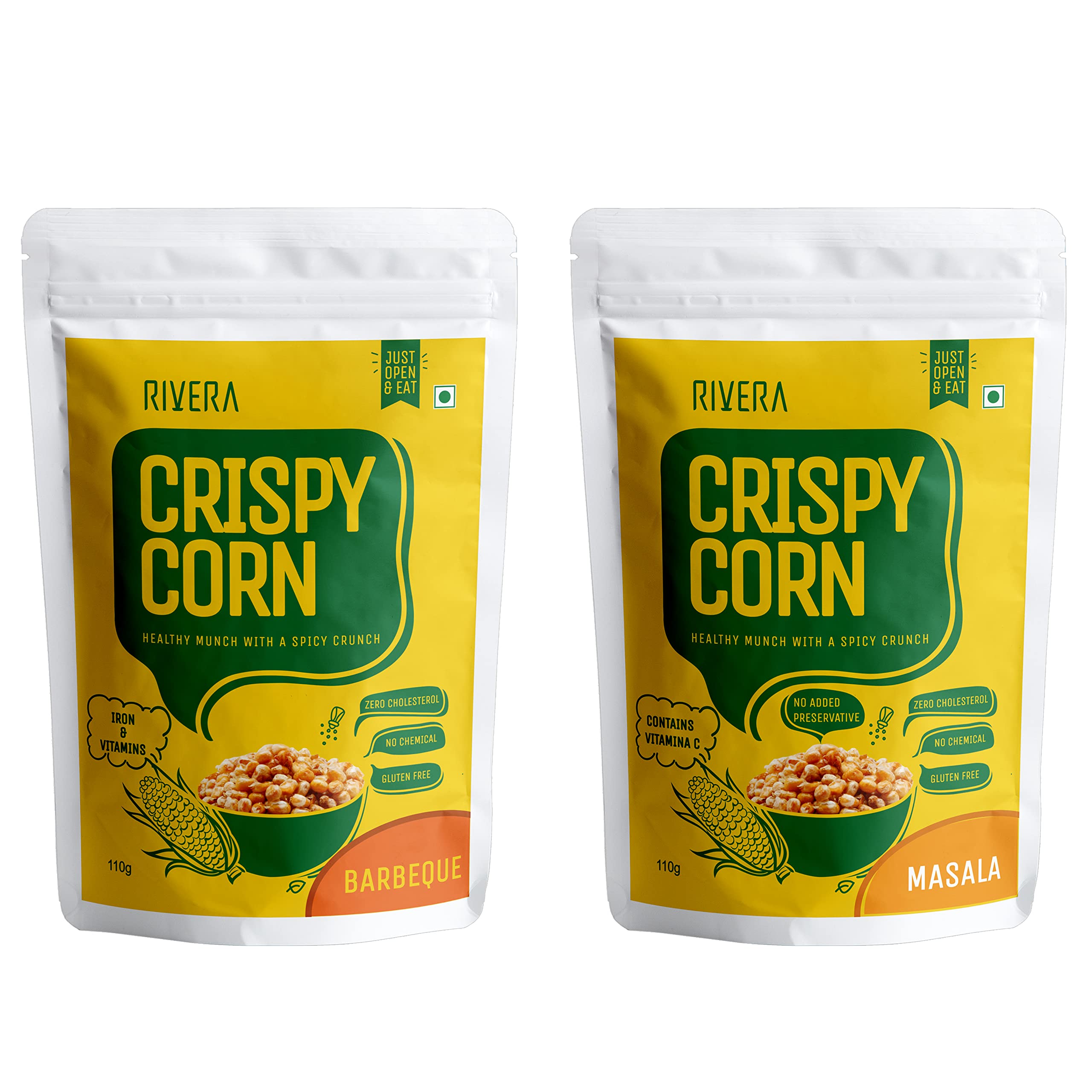 Rivera Crispy Corn, Pack of 2(BBQ & Masala)-87g Each | High Iron Snacks | Zero Cholesterol| Zero Trans Fat | Healthy Snacks