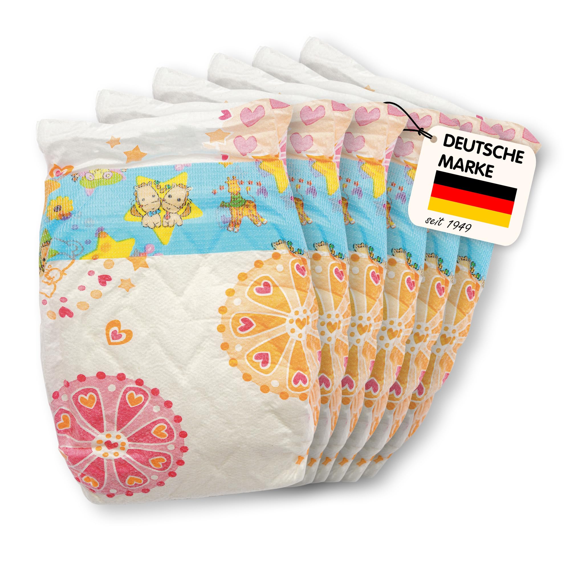 Heless 6635 - Puppenwindeln, 6 Stück, am Bund bedruckt mit farbenfrohen Spielzeugmotiven, wiederverwendbarer Klettverschluss, Größe 35 - 50 cm, Weiß