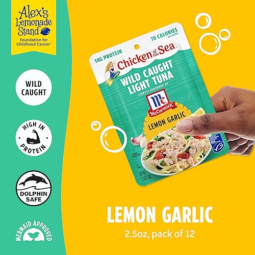 Miniatura 3 de Chicken of the Sea Atún ligero Wild Caught, paquetes de 2.5 onzas (caja de 12), ajo limón ligeramente sazonado