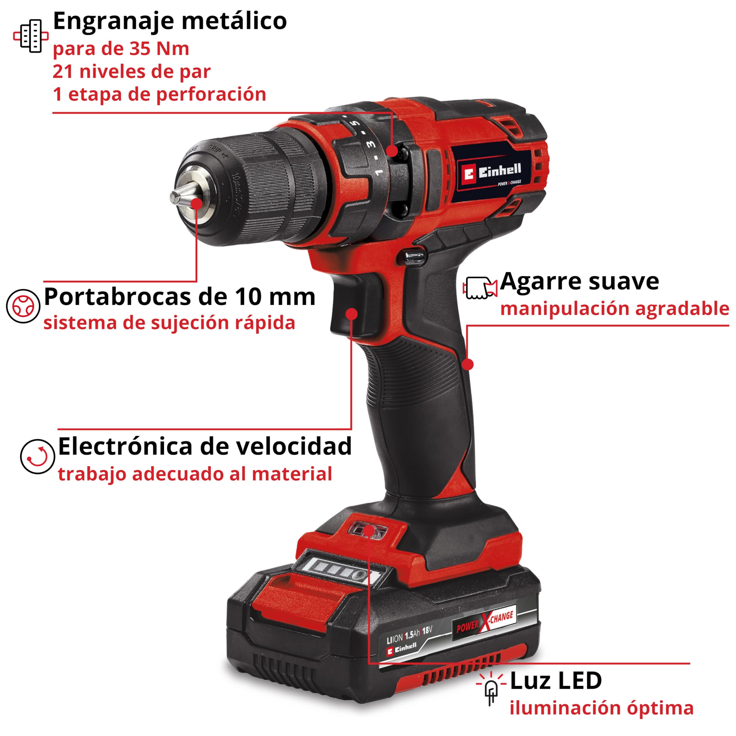 Einhell Taladro con batería TC-CD 18/35-2 Li (1x,1,5 Ah) Power X-Change (18V, 35 Nm, portabrocas de sujeción rápida de 10 mm, incl. 1 batería de 1,5 Ah + cargador)