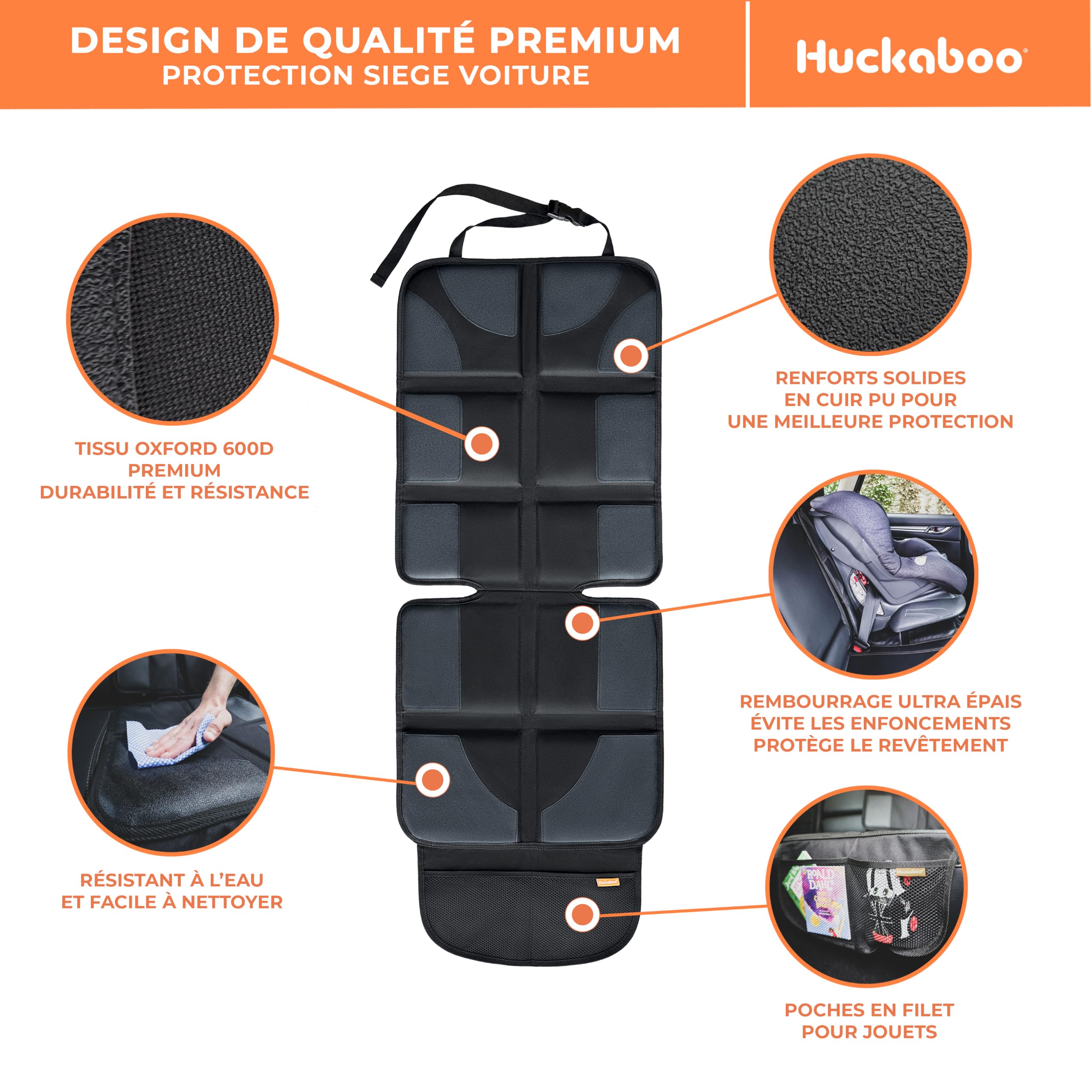 Huckaboo Protection siège Voiture Enfant - Protège siège arrière Voiture, Rembourré, Noir, Lot de 2