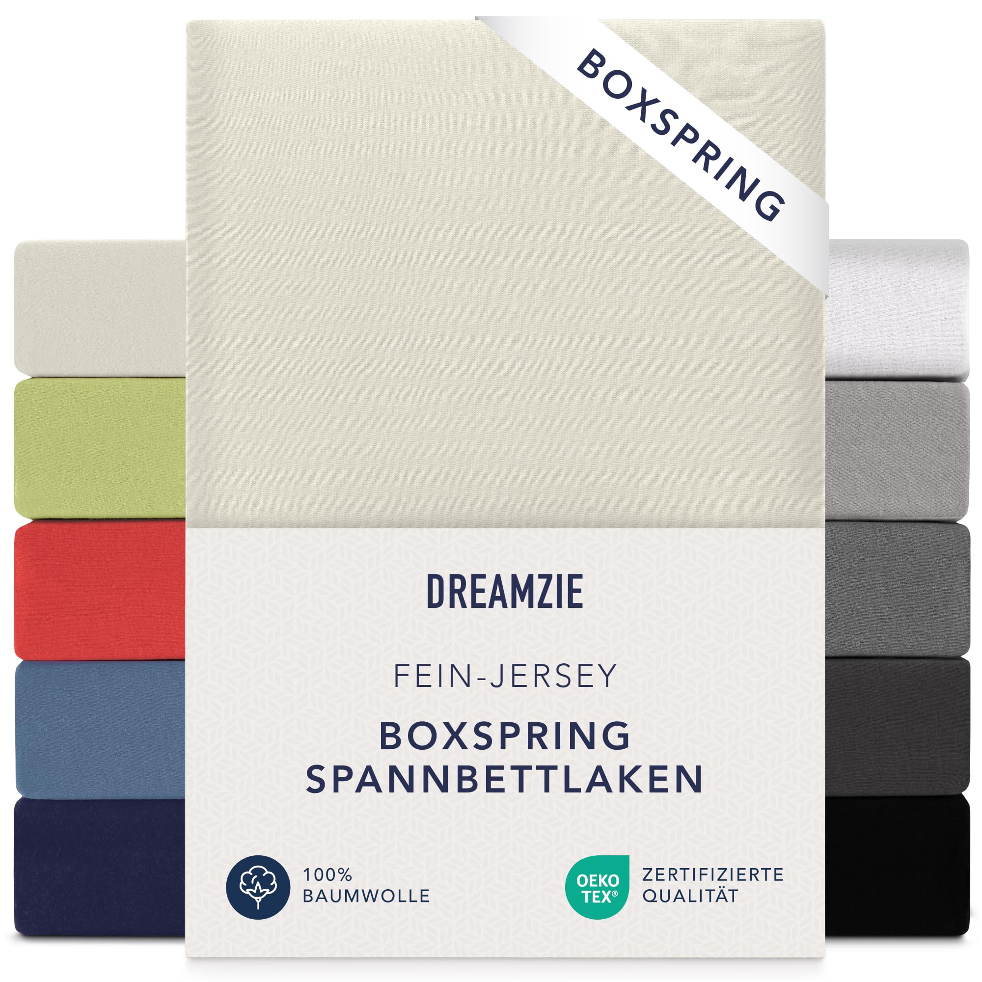 Dreamzie Boxspring Fitted Sheet 140 x 200 cm – 160 x 200 cm, Jersey 100% Cotton, Mattress Height up to 37 cm, Hypoallergenic, Oeko-Tex, Beige