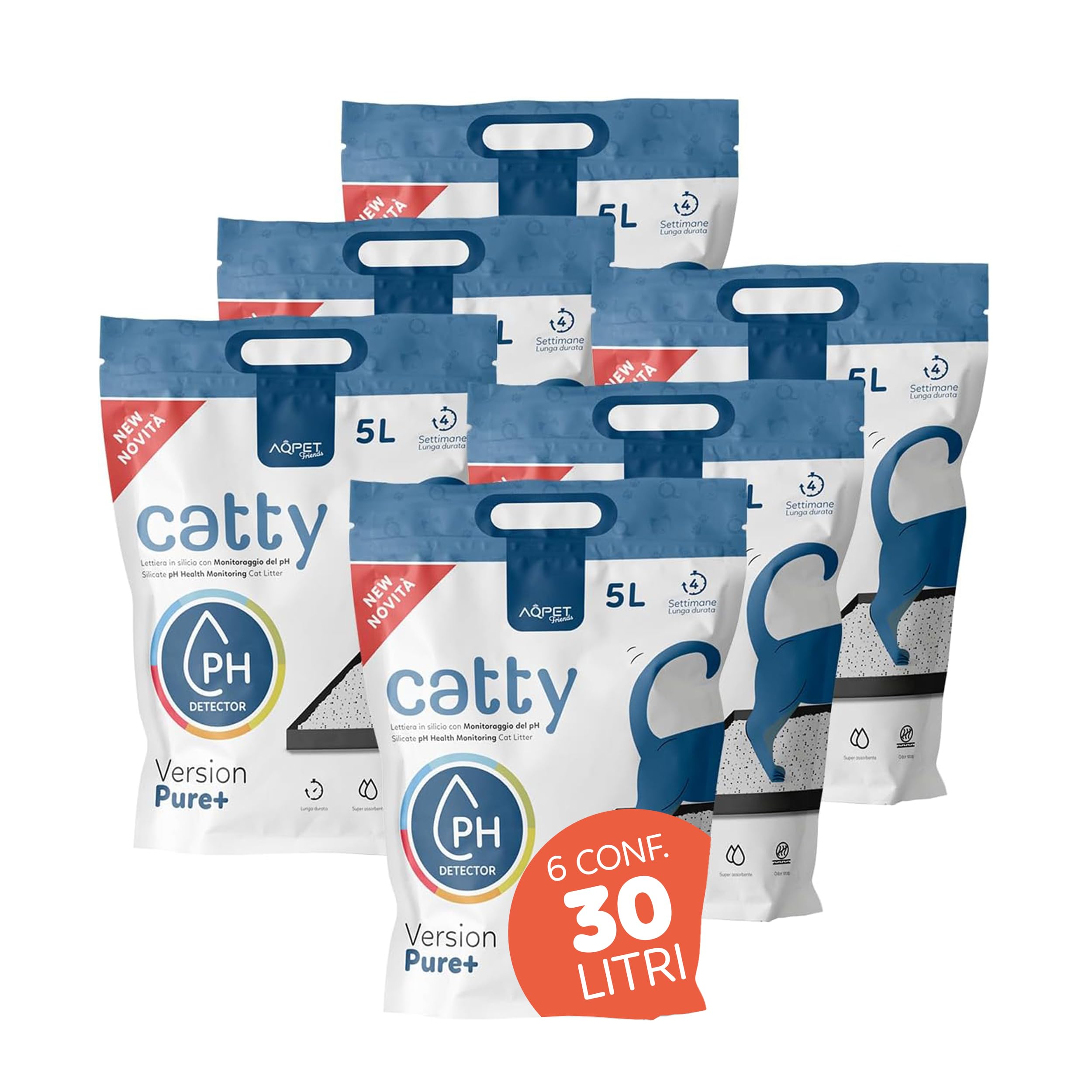AQPET Catty Pure+ lettiera al silicio per gatti 6x5L (30 L) – con tecnologia Check-pH – cristalli reattivi al pH per il monitoraggio urinario – antibatterica, super assorbente e anti-odore