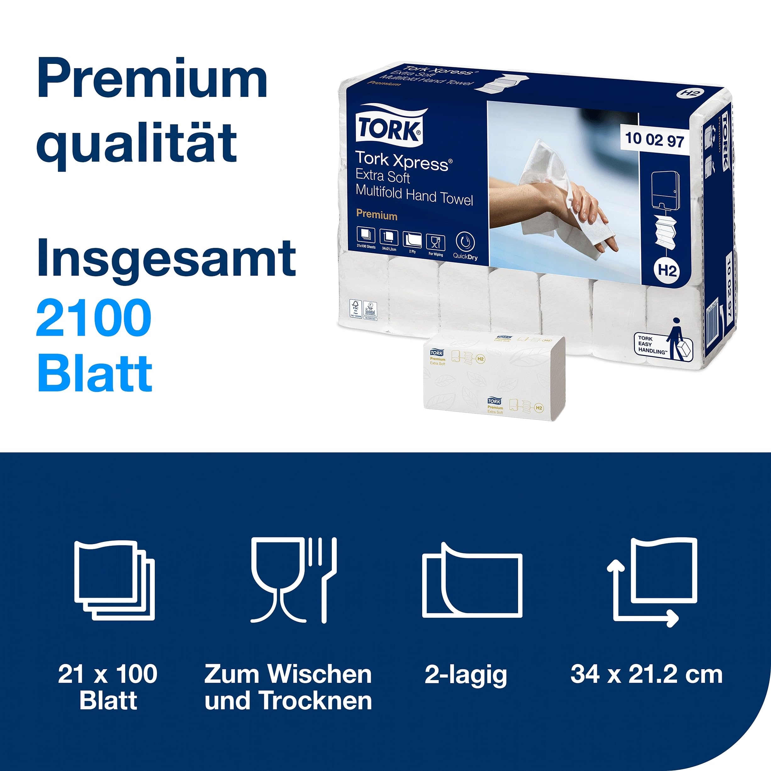 Tork Xpress extra weiche Multifold Papierhandtücher 100297 - H2 Premium umweltschonende Falthandtücher für Handtuchspender - extra weich und saugfähig, 2-lagig, weiß - 21 x 100 Tücher