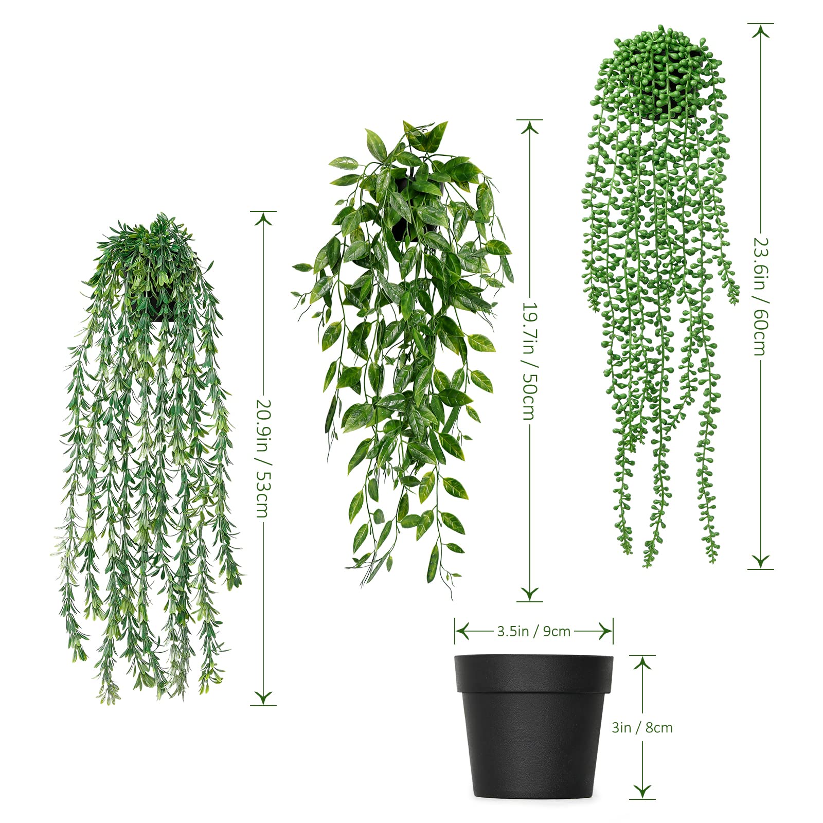 Elecoutek Pianta Finta Cadente in Vaso, 3Pcs Piante Artificiali da Interno Vite Eucalipto Fino a 80 cm di Lunghezza, Verdi Piante Plastica per Decorazioni Casa Balconi Giardino