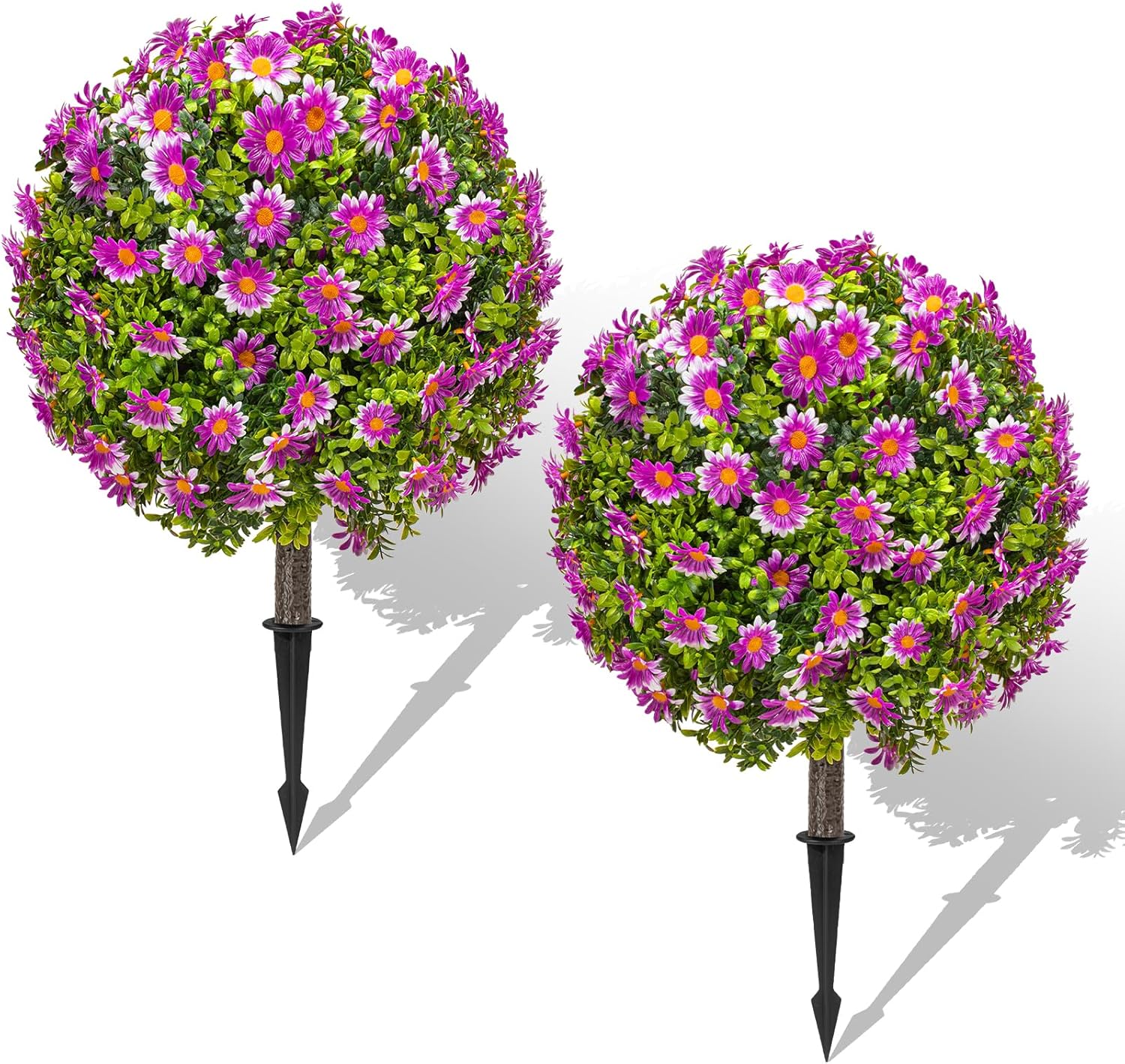 25" Artificial Boxwood Topiary Ball Trees with Purple Daisy, Fake Mums Plants with Ground Spike?Set of 2 UV Resistant Faux Bushes, Fake Shrubs for Garden, Patio, Porch, Yard, Indoor