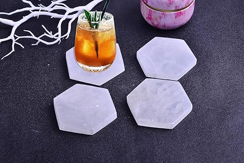 Miniatura 6 de AMOYSTONE 4 posavasos hexagonales pequeños de selenita marroquí y estación de carga de Reiki, placa de cristal planabandeja para equilibrio de
