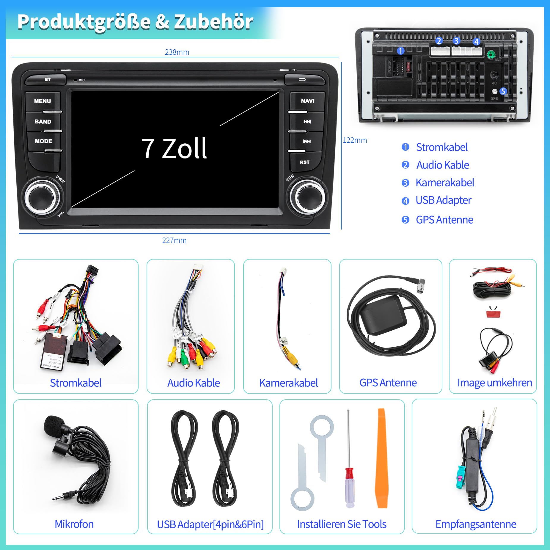 Autoradio Android 13 per Audi A3/S3/RS3 8P (2003-2012), touchscreen HD da 7 pollici, CarPlay/Android Auto wireless, Navigazione GPS, Wi-Fi, Bluetooth + Telecamera posteriore HD, Comandi al Volante