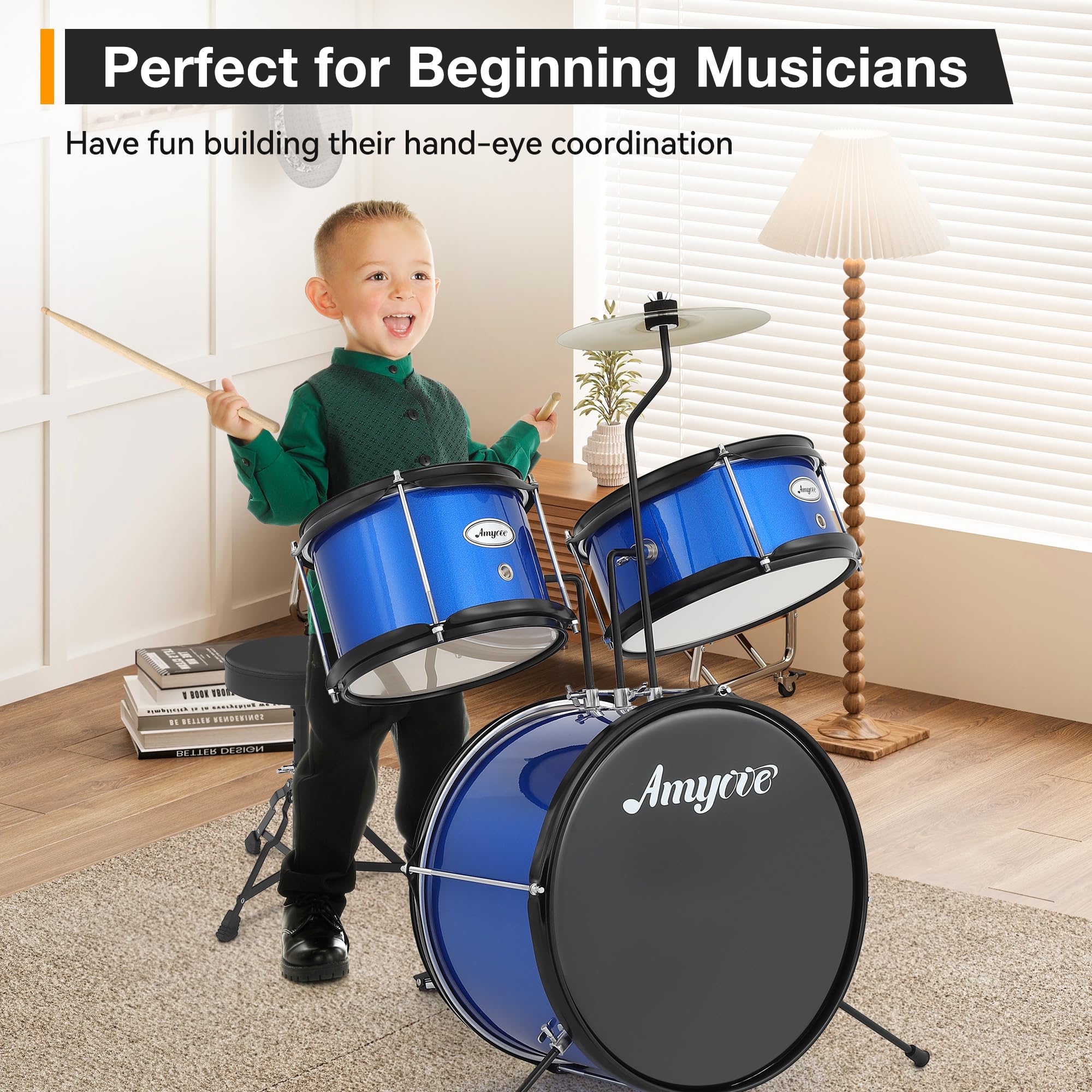 Batería Electrónica De 3 Piezas Para Niños Principiantes - Incluye Platillo, Tom, Bombo Con Pedal, Baquetas y Asiento Ajustable. Kit De Percusión Musical Para Niños y Niñas, Color Negro.