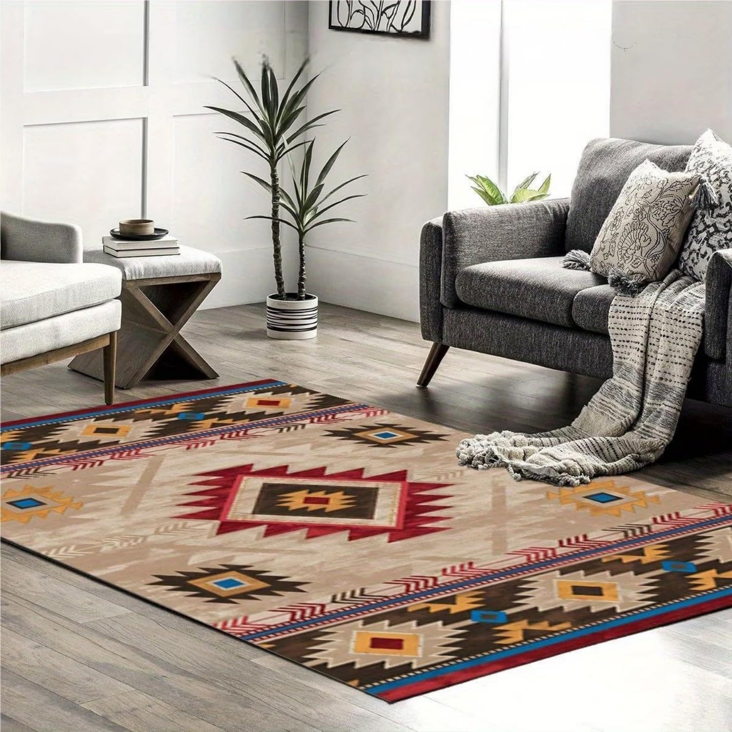 Southwest Living Room Rug,180x260cm Western Aztec Geometric Check Rustic Farmhouse Rugs, Non-Slip, Easy to Clean, Machine Washable Floor Mat, Soft and Durable Entrance Carpet, Tribal Style Decoration