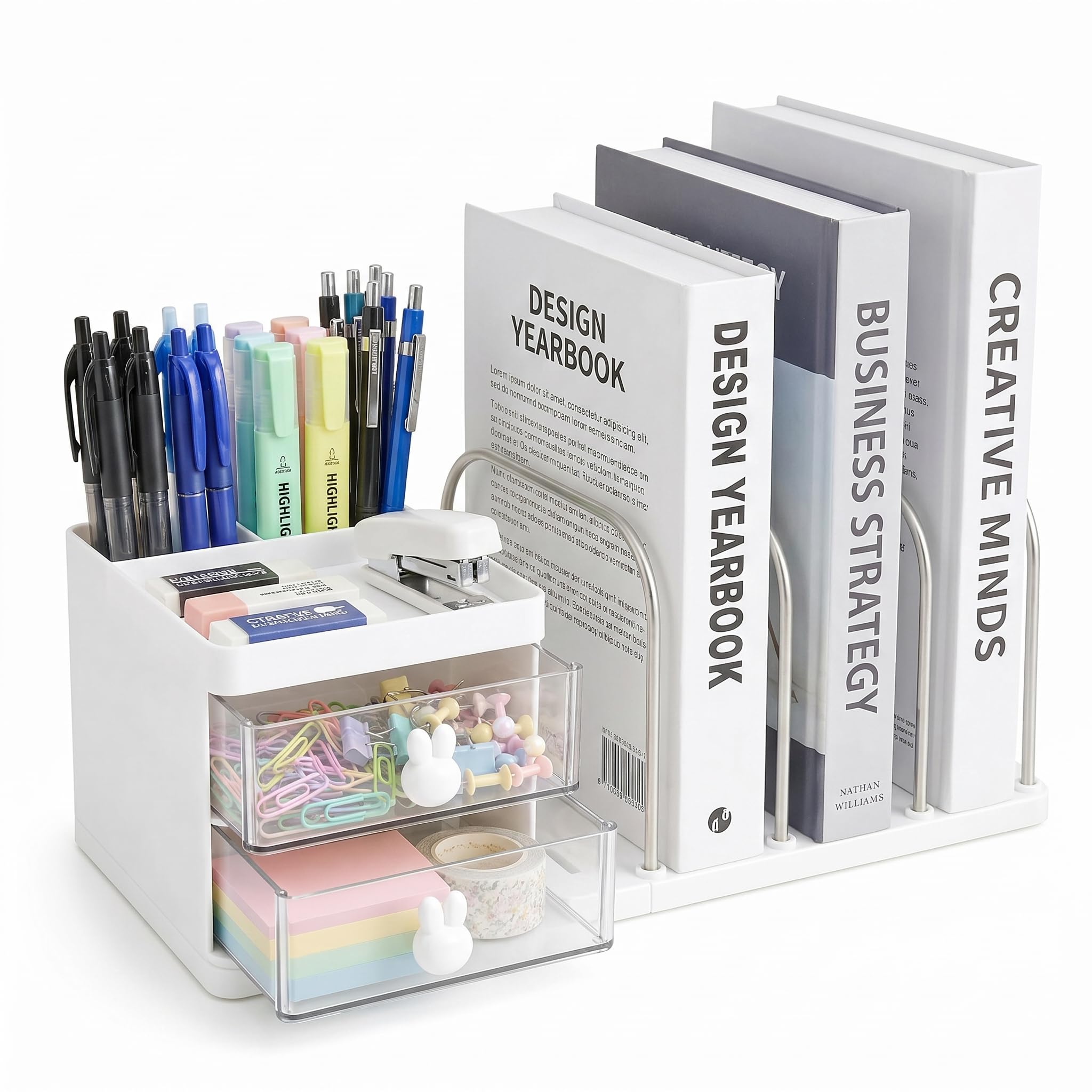 Elezeal Desk Organiser with File Holder, Multifunctional Storage Box with Bookends, White Detachable Book Organiser with Pen Holder, Versatile Desk Tidy for Home & Office - White