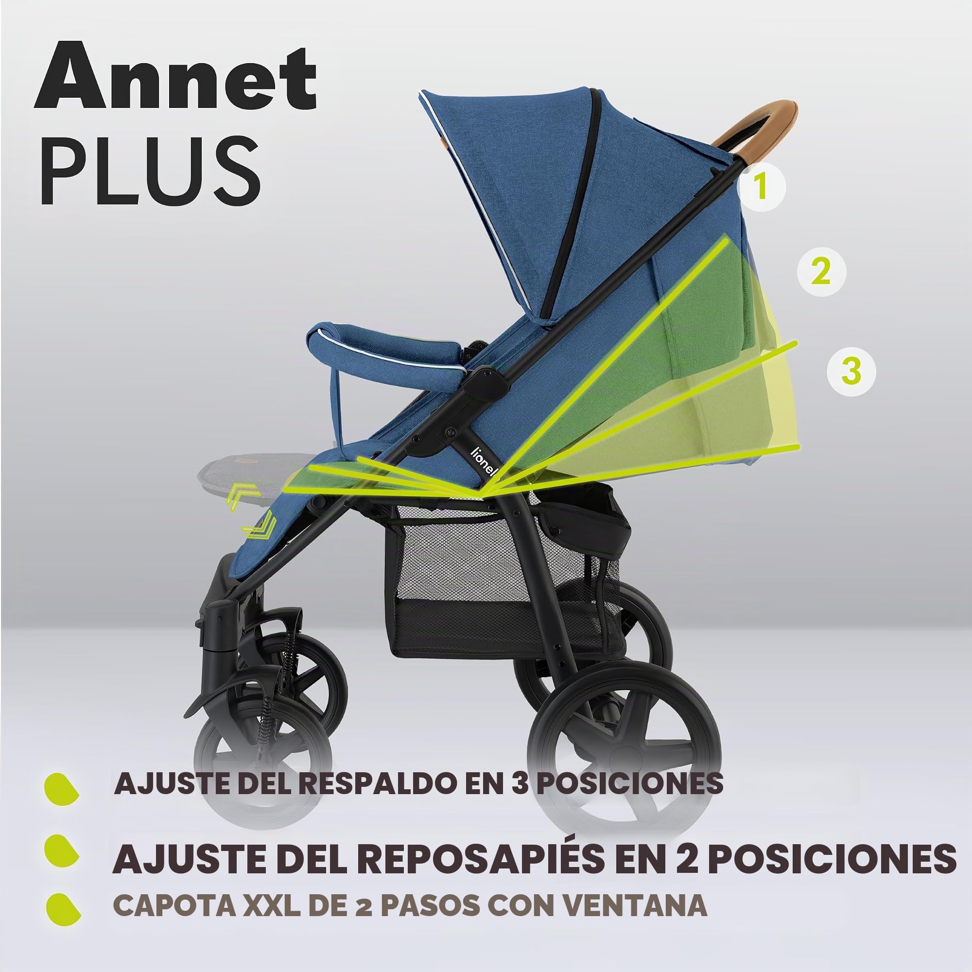 LIONELO Annet Plus - Cochecito desde el nacimiento hasta 22 kg ligero y plegable con respaldo reclinable hasta posición acostada, ruedas de espuma EVA, mosquitera, manta para pies, soporte para