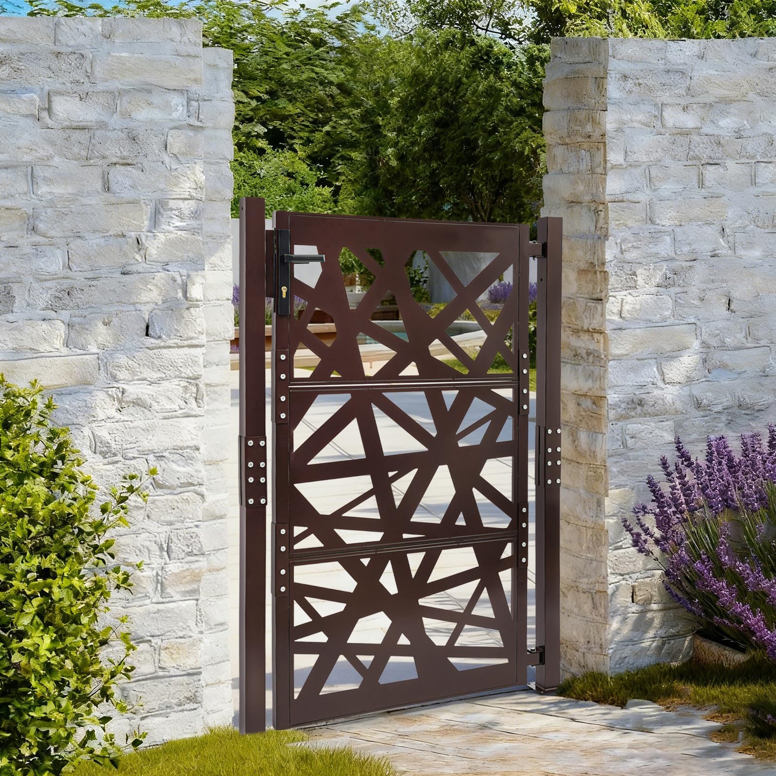 Cancello da giardino, 105 x 150 cm, doppia colonna, in metallo, con 7 chiavi e angolo di chiusura a 180°, per magazzini, giardini, cortili interni (marrone)