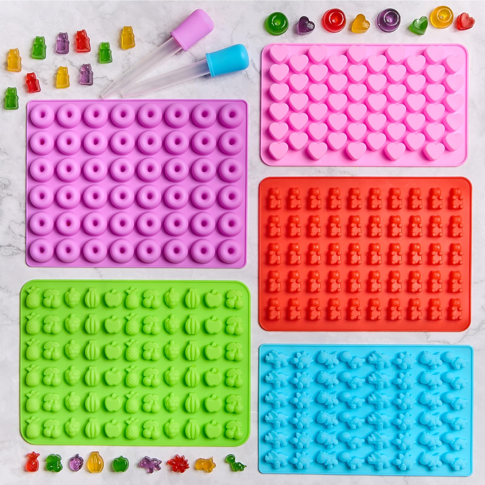 5 moldes de silicona para caramelos con 2 cuentagotas, moldes de silicona antiadherentes y sin BPA para mini gelatina, caramelo, chocolate, gomitas