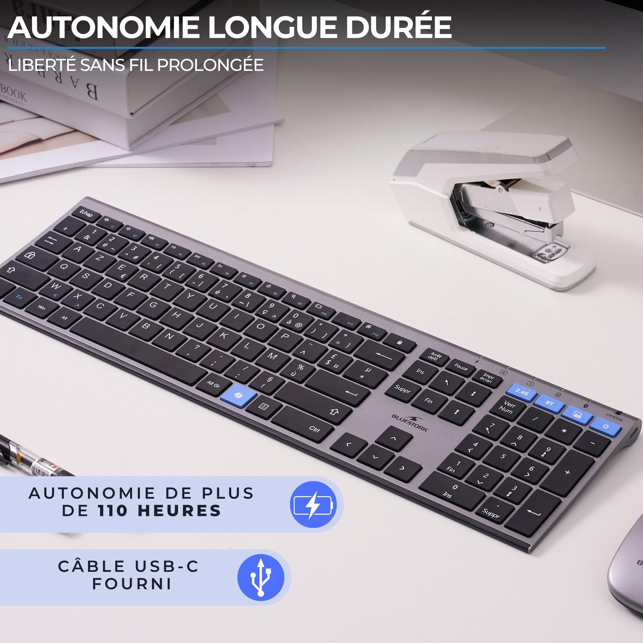 Bluestork - Set tastiera mouse wireless ricaricabile grafica V3 - Tastiera wireless, Connessioni 2.4GHz e Bluetooth, Ultra-sottile, batteria 110H, AZERTY FR, mouse 3200 DPI -Windows/IA Copilot