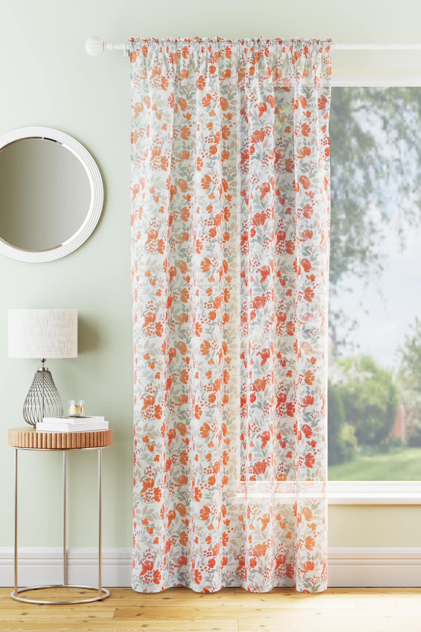 Tyrone Textiles Mia Burnt Orange Floral Sheer Voile Curtain – Single Rod Pocket Panel – 140cm Wide x 122cm Drop Each – Light Filtering Window Drapes for Bedroom, Living Room or Kitchen