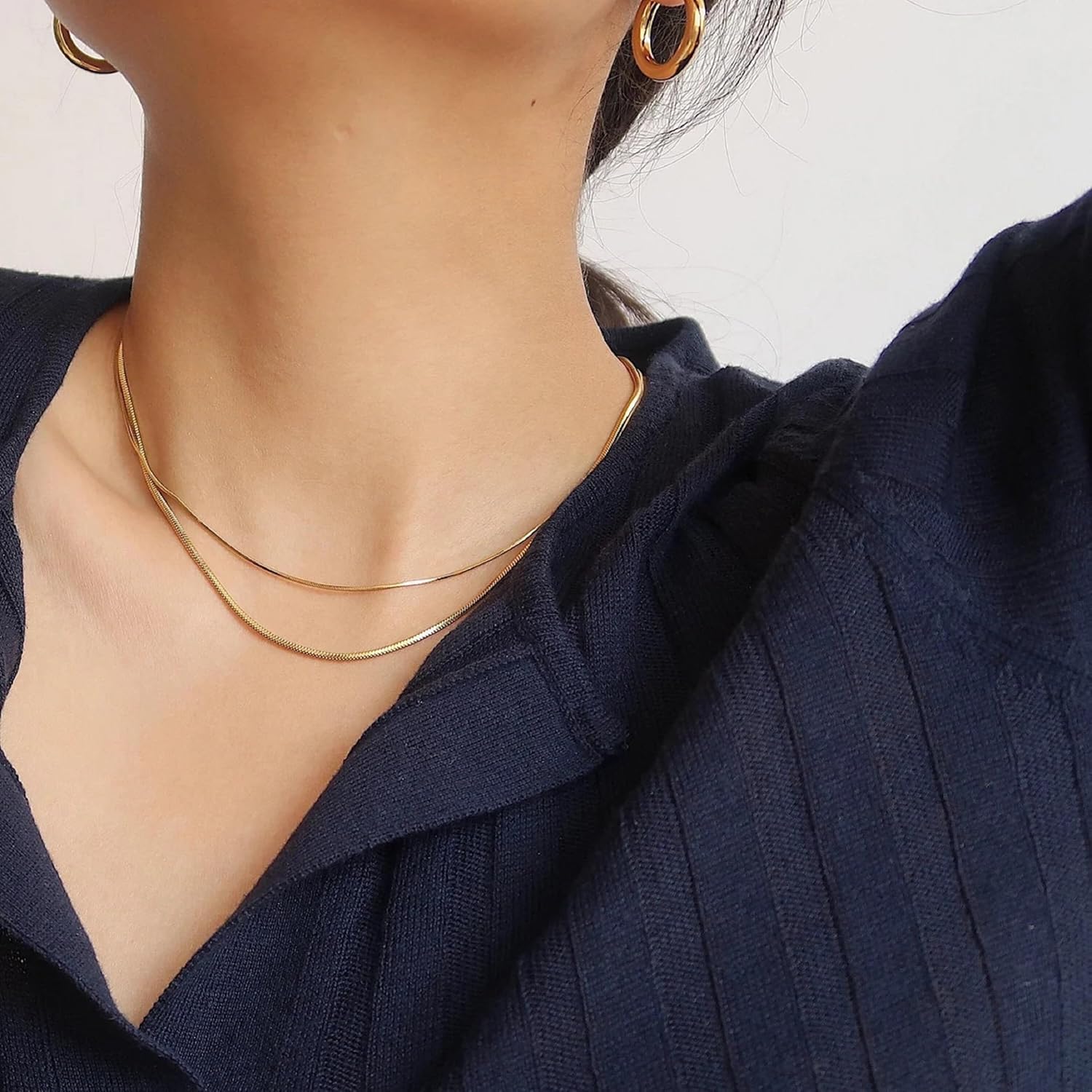 Pencros Herringbone Necklace For Women,14k Gold Plated Layered Gold Necklaces Dainty Gold Herringbone Necklace Figaro Paperclip Snake Chain Choker Necklace For Womens Simple Jewelry Gift - Image 5