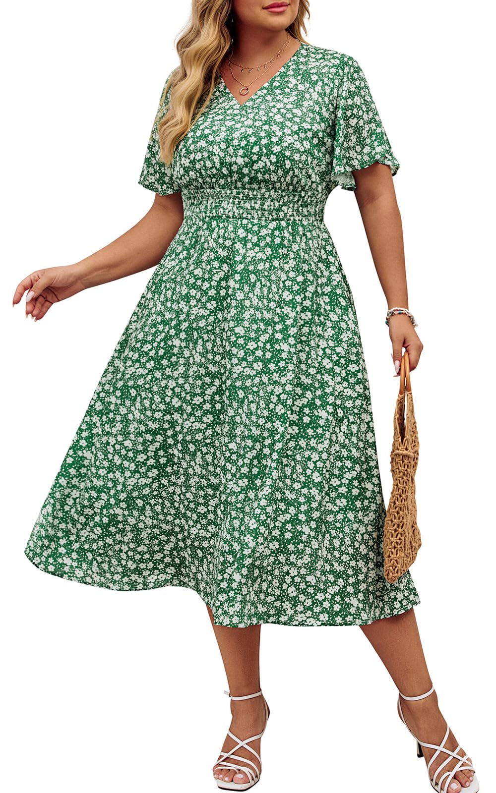 Hanna Nikole Women's Plus Size Summer Floral Dress Casual Short Sleeve Sundress Swing A Line Maxi Dresses with Pockets
