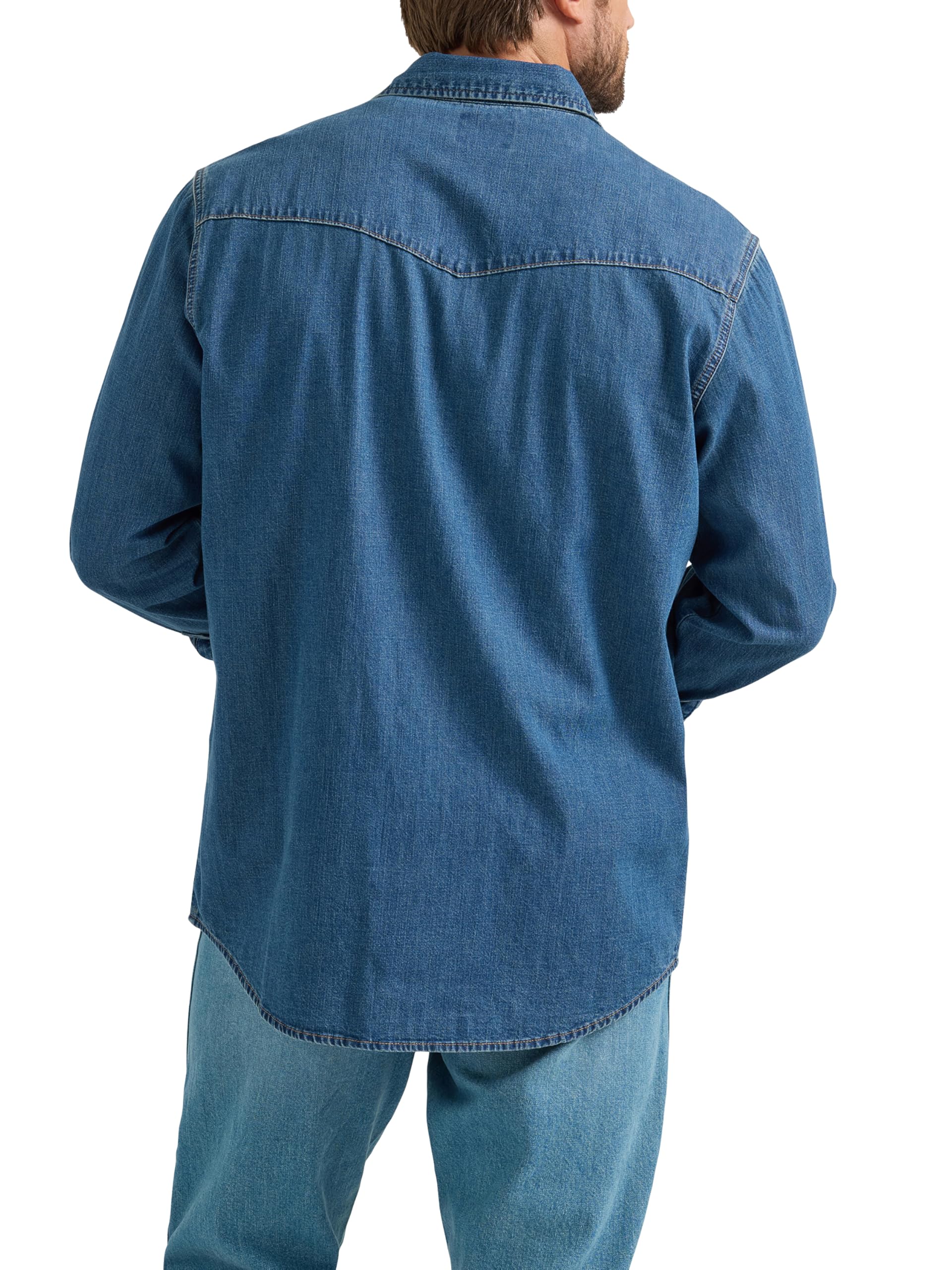 Wrangler Męska koszula dżinsowa z kolekcji zatrzaskowej (niebieska, duża, regularny krój, długi rękaw, 71 cm, 2 kieszenie, styl zachodni, miękka tkanina, szybkie przechowywanie, zapięcie na zatrzask,