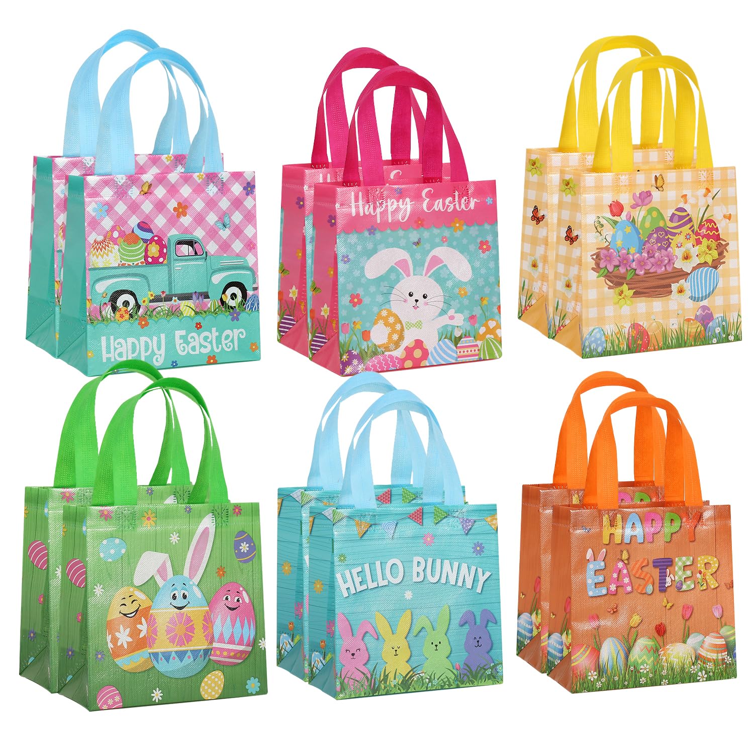Colodeol 12 Pcs Reusable Easter Tote Bags,Non-Woven Treat Goodie Bag for Kids Egg Hunt Party Supplies