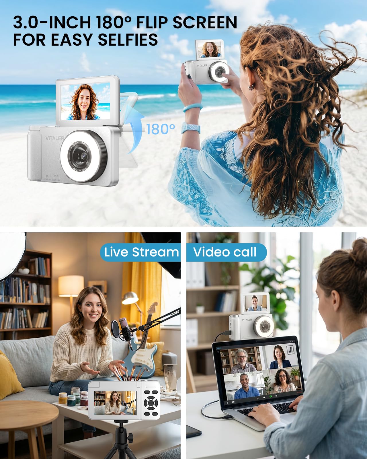Cámara digital 5K para fotografía con luz de relleno, pantalla abatible de 180° de 3 pulgadas, cámara de vlogging de 75 MP para video de YouTube, zoom de 18X, cámaras compactas para apuntar y