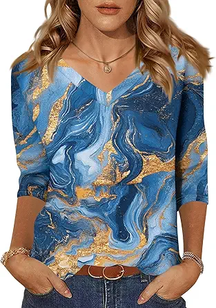 HTHLVMD Womens 3/4 Length Sleeve Tunic Tops Summer Fall Outfits 2025 Three Quarter Sleeve Casual V Neck T Shirts for Women