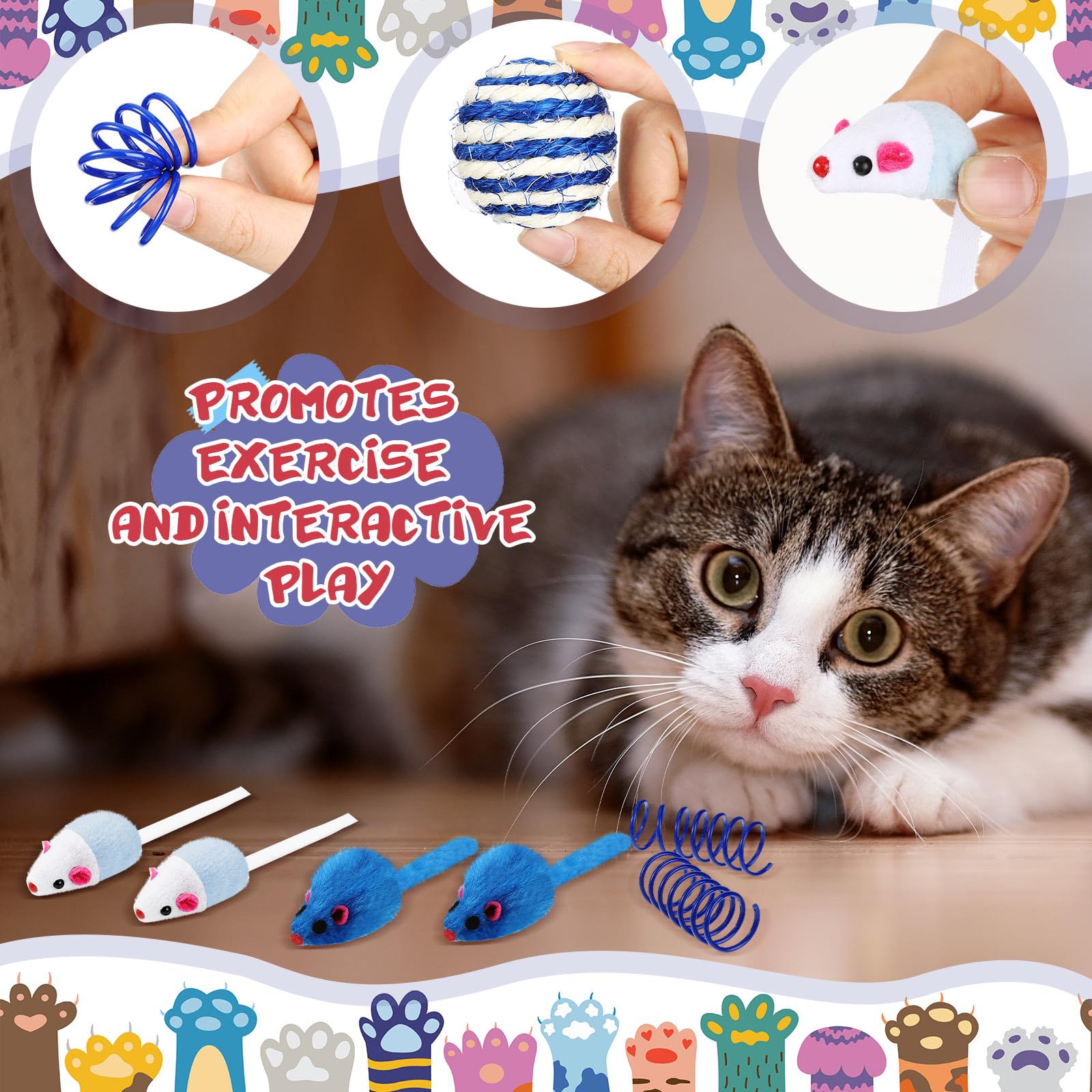 Gemscream Paquete de 46 juguetes interactivos para gatos a granel con ratones de piel, sonajero, juguetes para gatos, resortes para gatos, bolas arrugadas, pompón, campana, bola de sisal, rompecabezas