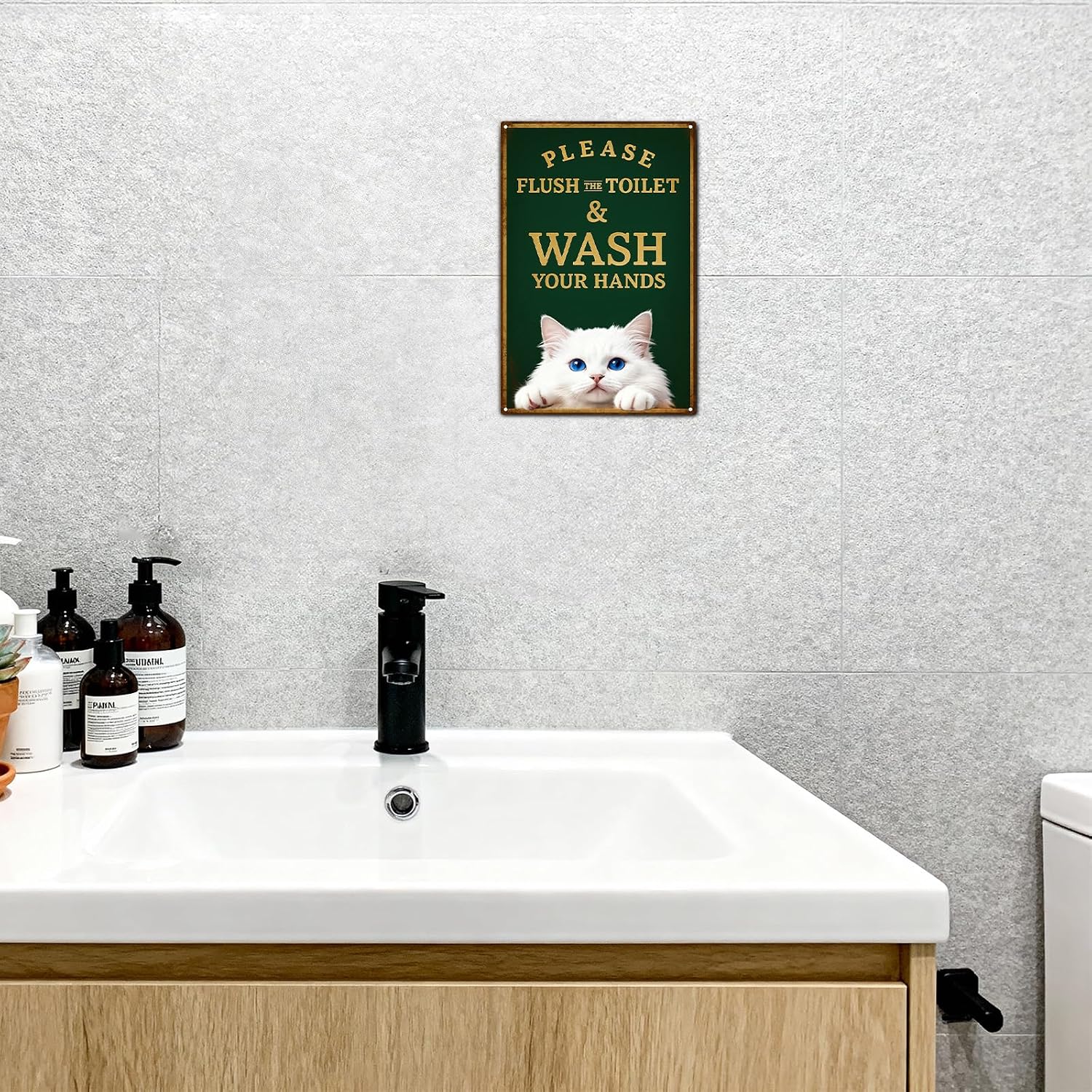 Madewell Living White Cat Metal Tin Sign, Funny Please Flush & Wash Your Hands Bathroom Wall Art, Cute Vintage Home Decor for Restroom, Kitchen, Home Bathroom, 8x12 Inch image 3