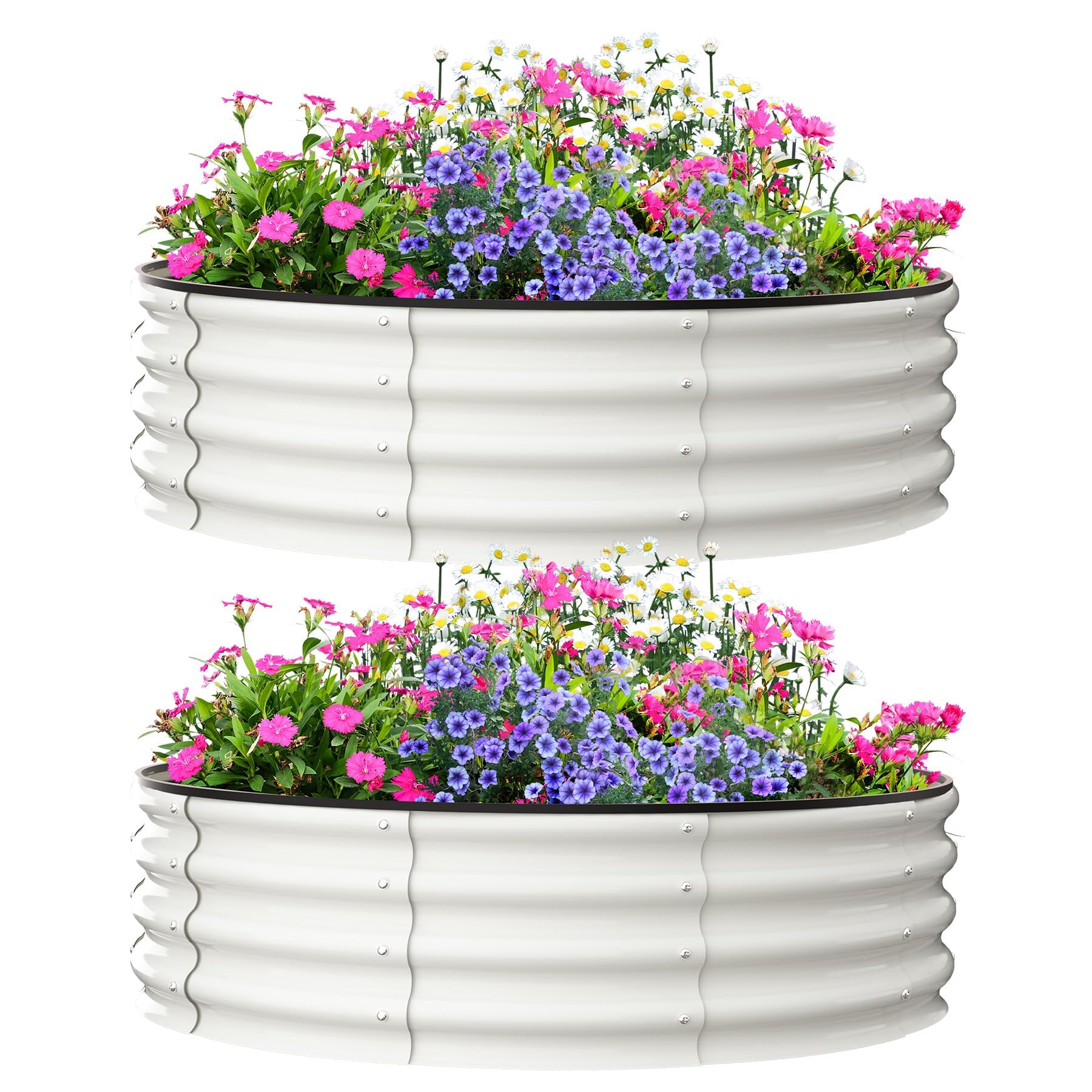 Huerto Elevado Ovalado y Circular de Pie para Jardinería Exterior, Terraza, Balcón, Espesor 0,7 mm, para Tomates, Verduras, Flores, Hierbas Aromáticas, 4×4×1FT, Blanco Crema, Juego de 2