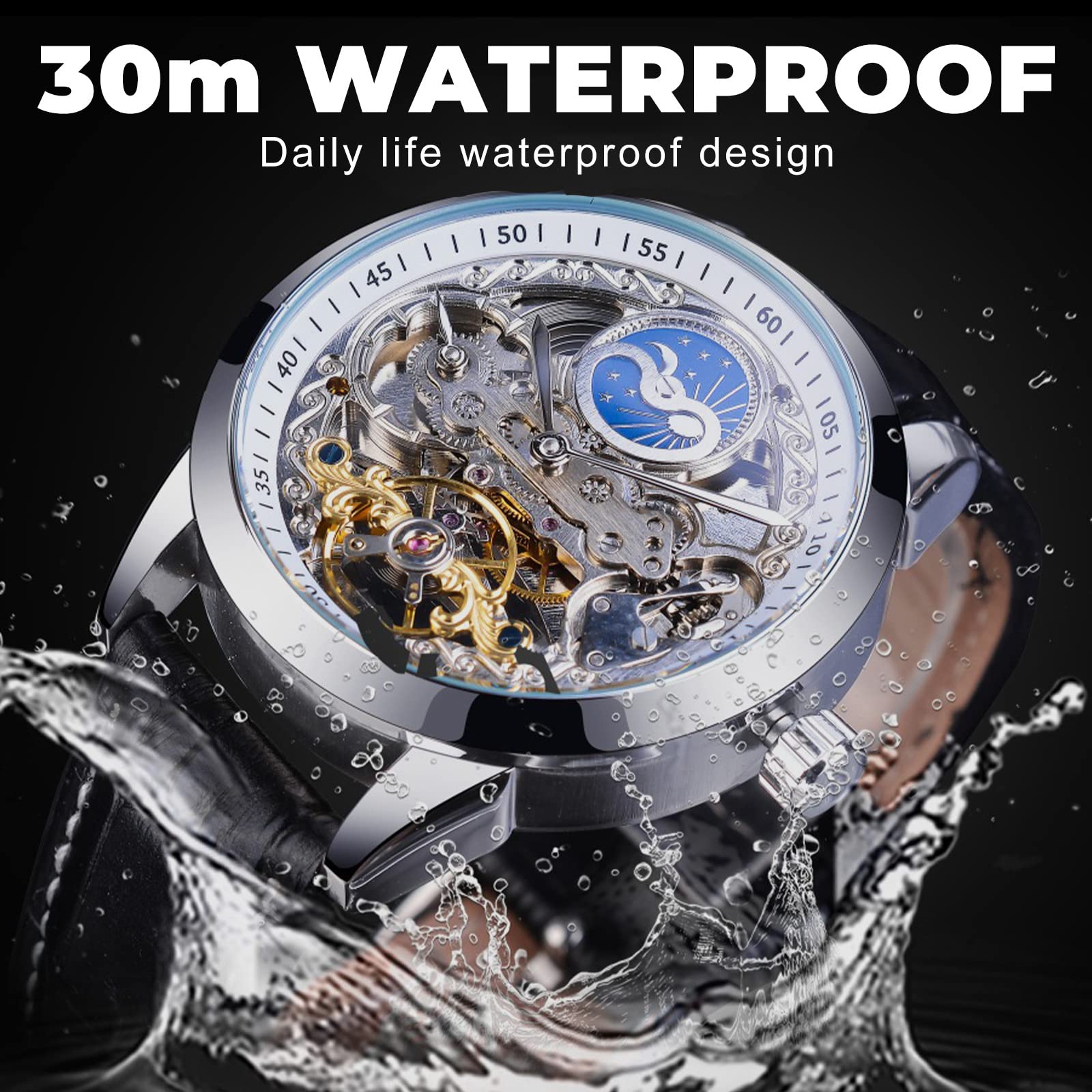 FORSINING Orologio da uomo scheletro fase lunare meccanico auto-vento Tourbillon doppio fuso orario orologi automatico cinturino in pelle di lusso grande quadrante orologio da polso, bianco