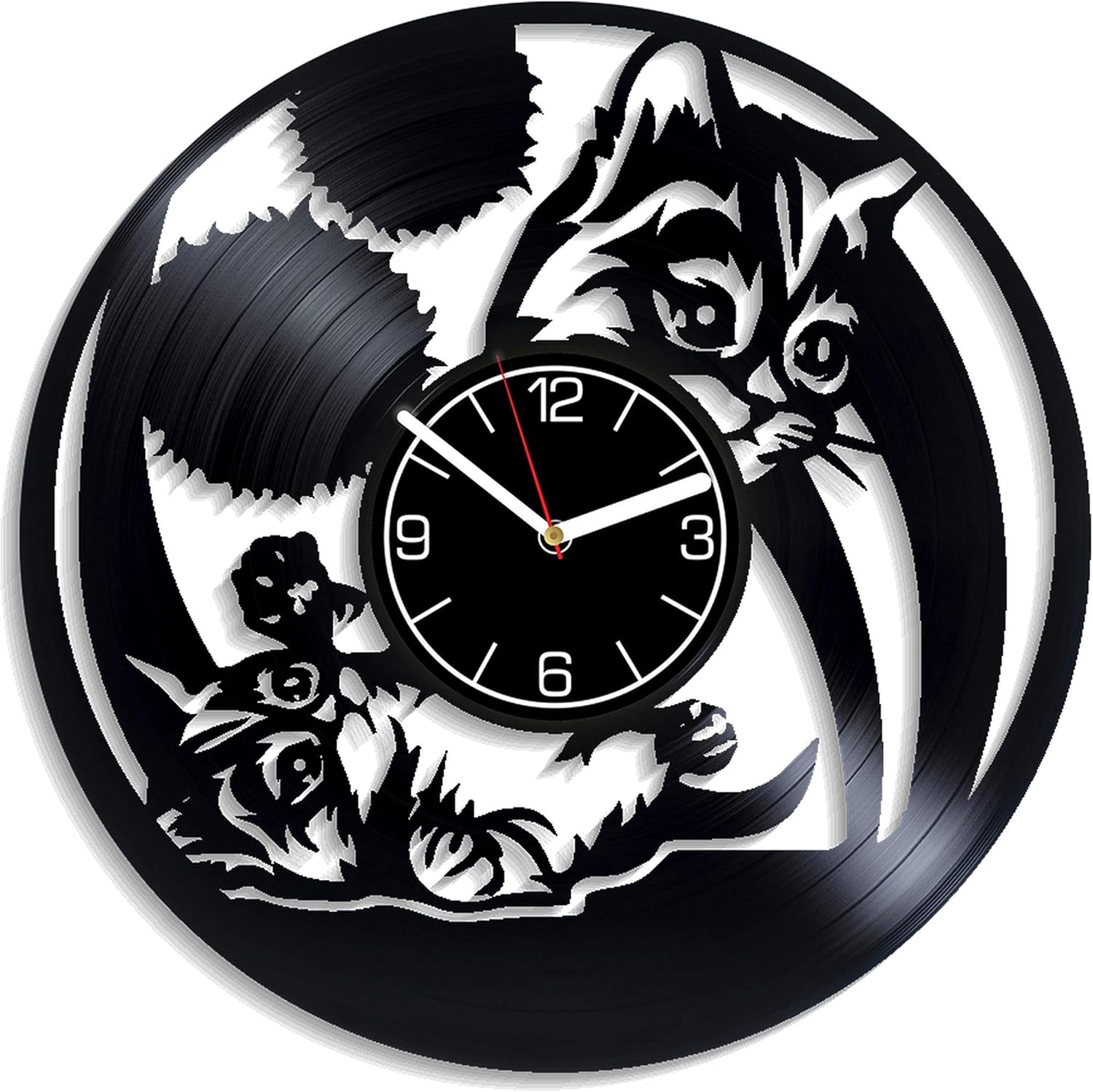 Vintage Cat Wall Clock, 12 inch, Vinyl Record Art, Birthday Gift for Girls