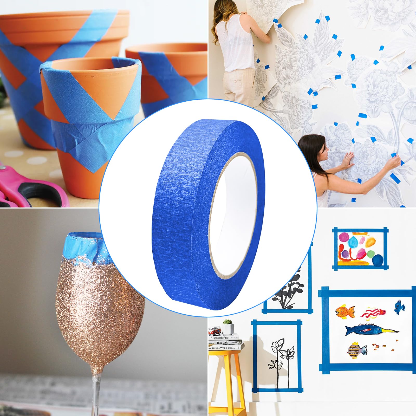 WinGluge 4 rotoli di nastro crespo blu, 24 mm x 50 m, nastro adesivo per pittore, carta crespa, antiscivolo, resistente ai raggi UV, per lavori di pittura, lavori di ristrutturazione, artigianato